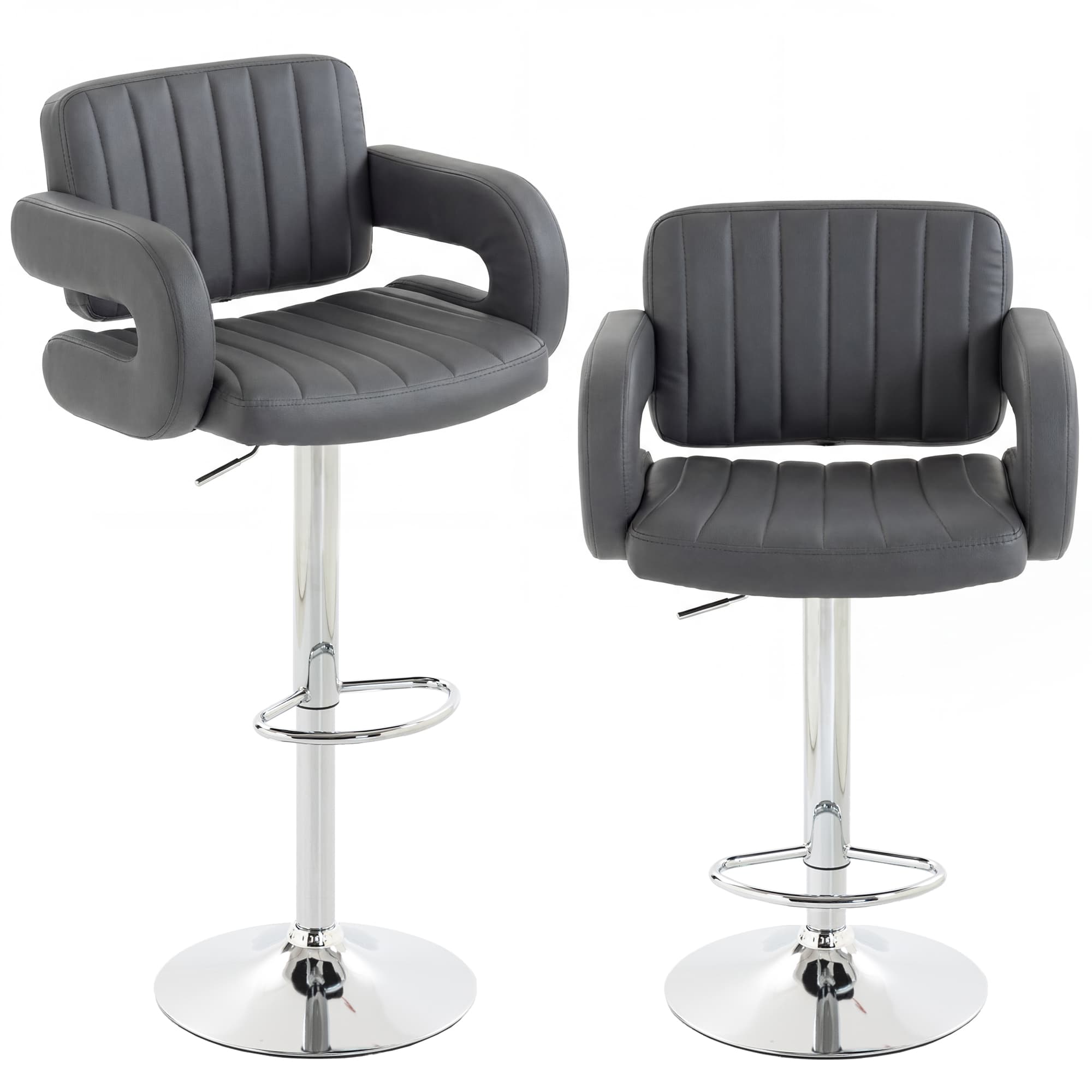 HOMCOM Bar Stools Adjustable Swivel Kitchen Chairs with Backrest Armrest Set of 2 PU Leather Grey