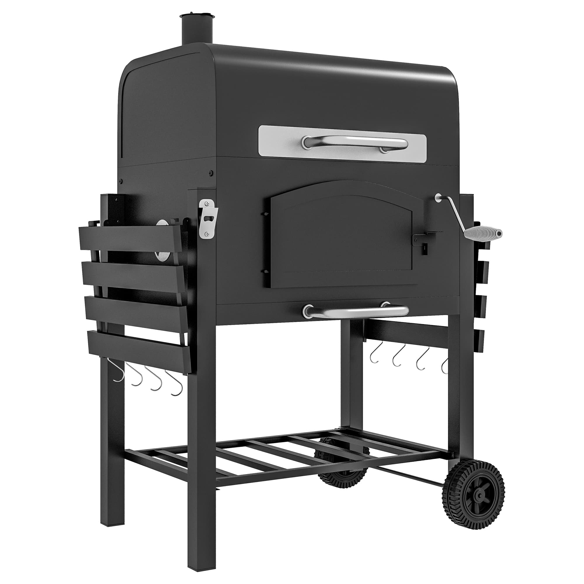 Outsunny Charcoal Barbecue Grill Trolley Garden Smoker with Shelves, Adjustable Height, Thermometer on Lid, Opener and Wheels | Aosom UK