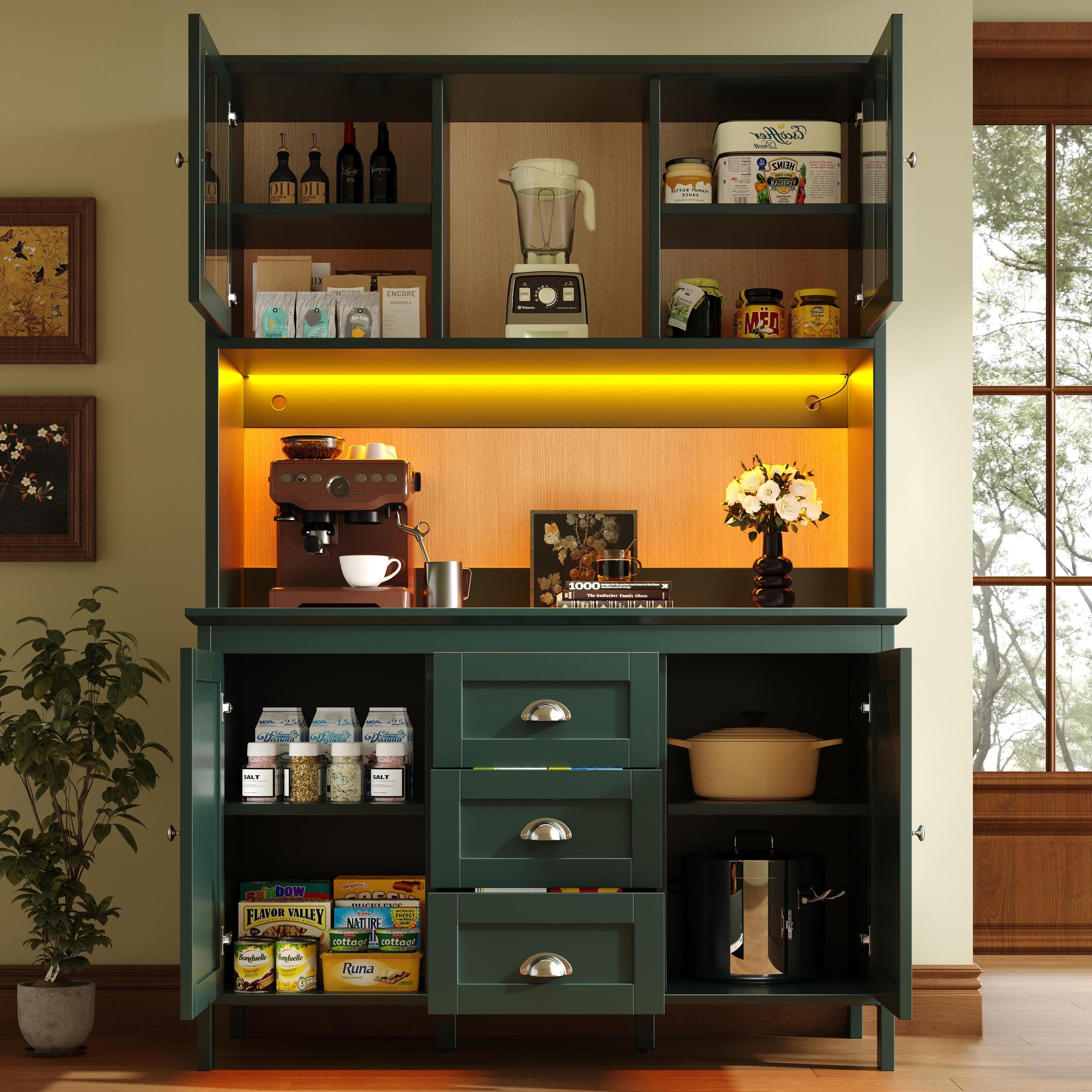 Smart Storage Cabinet with 4 Doors & 3 Drawers, Tall Sideboard with App-Controlled USB LED Lighting, 120L x 40W x 179H cm, Green | Aosom UK