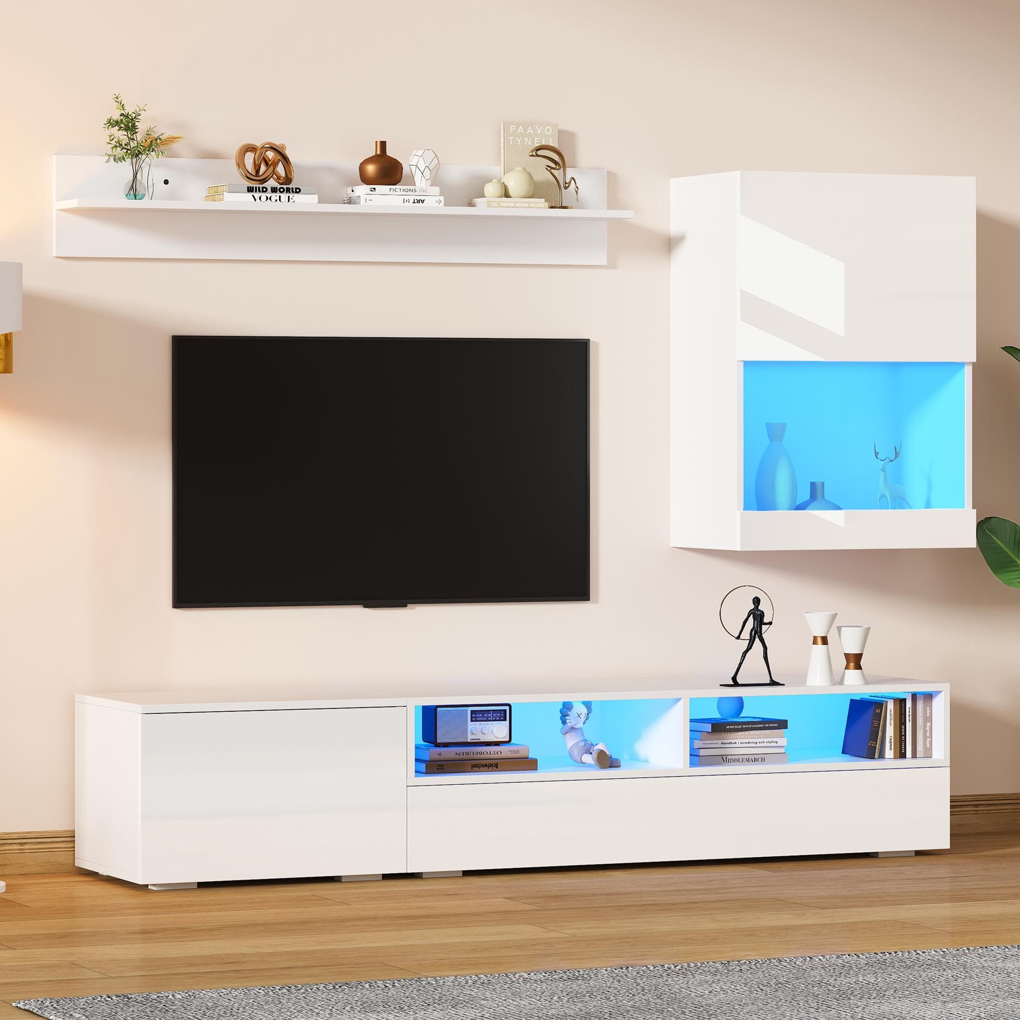 3-Piece TV Wall Unit Set with App-Controlled LED Lights, High-Gloss TV Cabinet Set for Modern Living Areas, 175L x 39W x 34H cm, White | Aosom UK