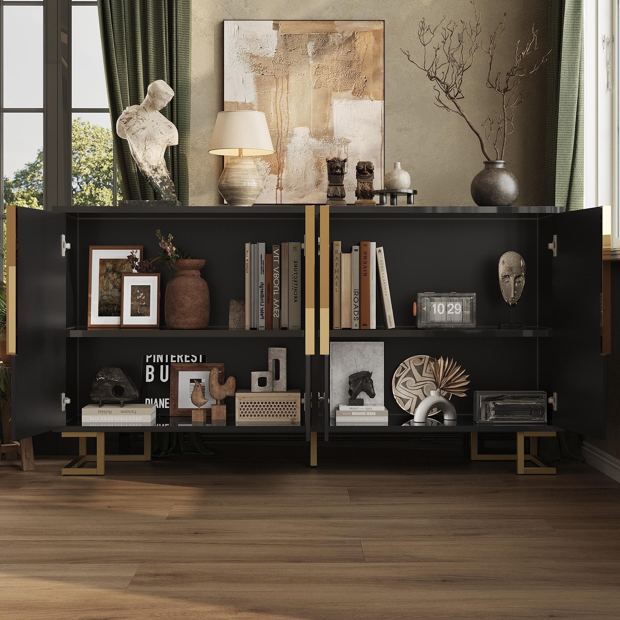 Stylish Sideboard with 2 Doors, 4 Shelves and Geometric Door Design, Durable Cabinet with Slim Metal Feet, 152L x 40W x 75H cm, Black | Aosom UK