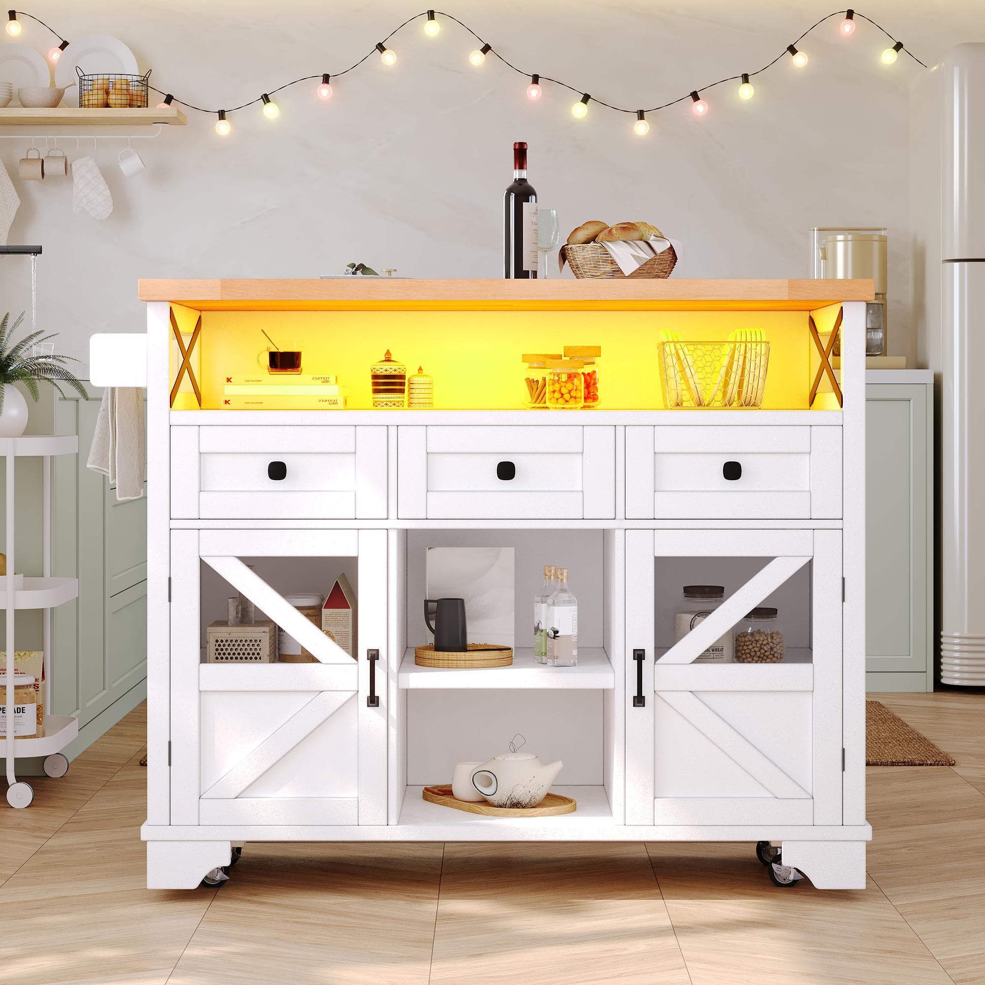Multifunctional Kitchen Cart with 3 Drawers and 2 Glass-Front Doors, Mobile Kitchen Island with Drop-Leaf Table, 120L x 71W x 98H cm, White | Aosom UK
