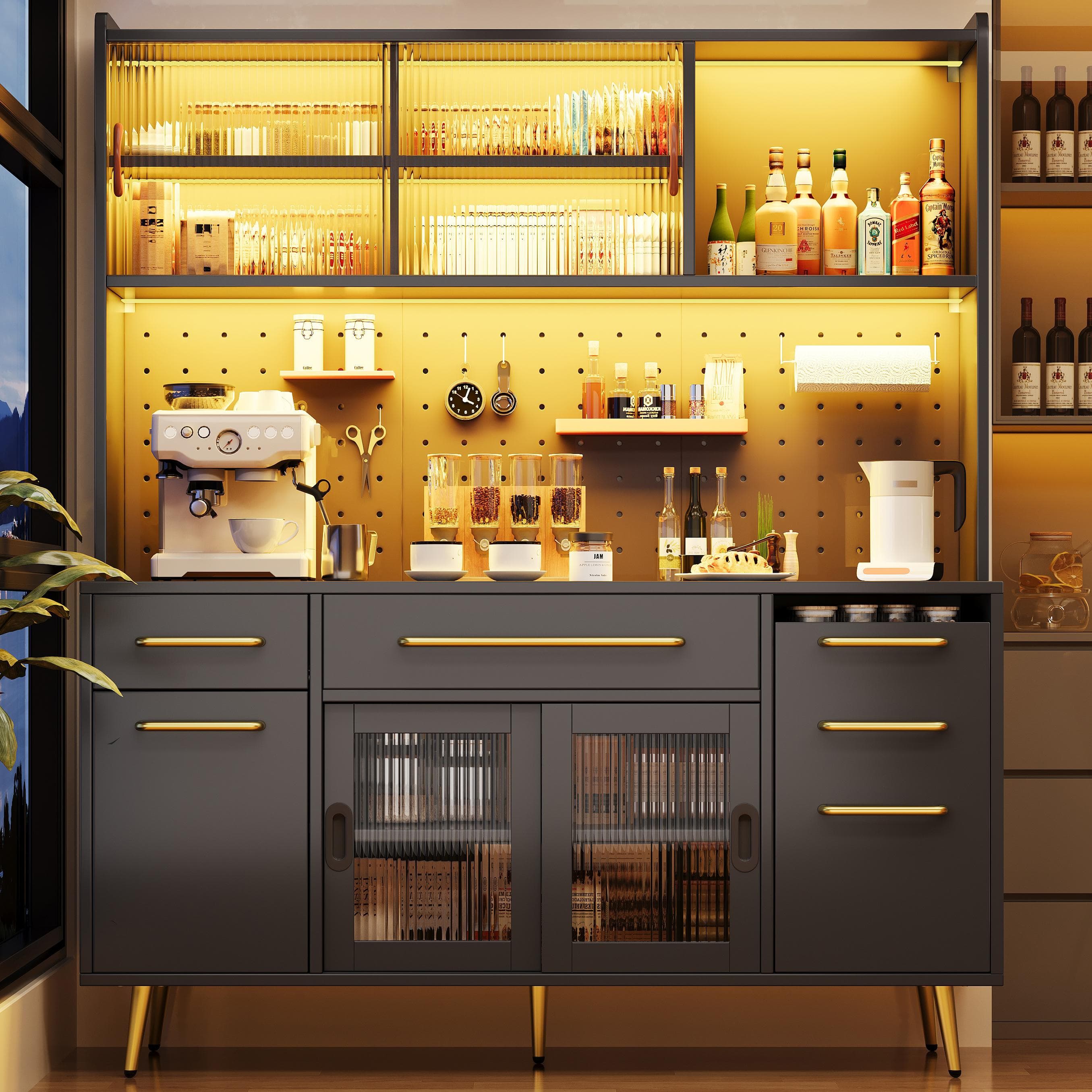 Modern Sideboard with App-Controlled LED Lighting and Music Mode, Tall Cabinet for Kitchen and Living Room, 145L x 39W x 171H cm, Black | Aosom UK