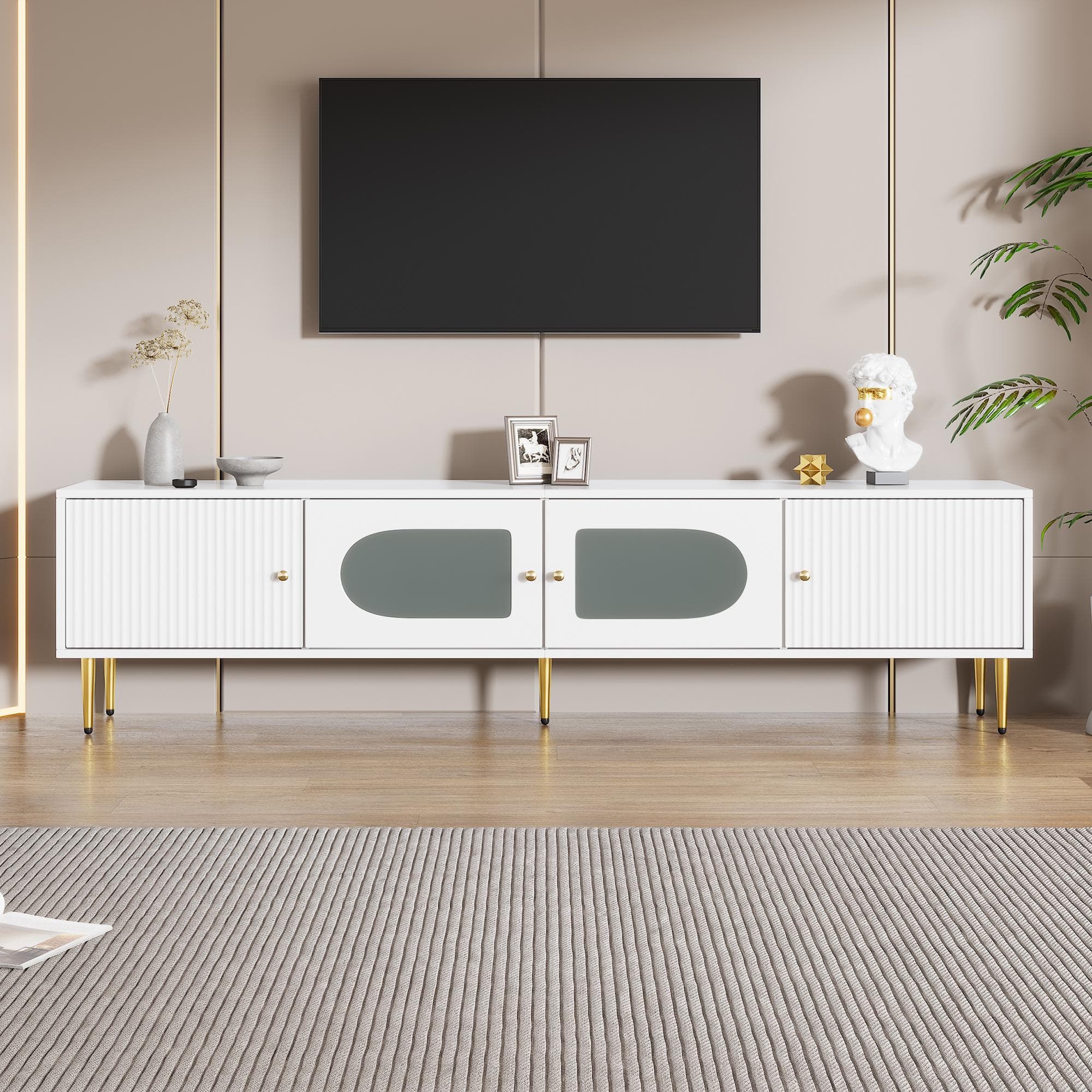 Stylish TV Stand with 2 Glass Doors and Metal Support Legs, Sturdy TV Cabinet for Living Room or Bedroom, 170L x 35W x 50H cm, White | Aosom UK