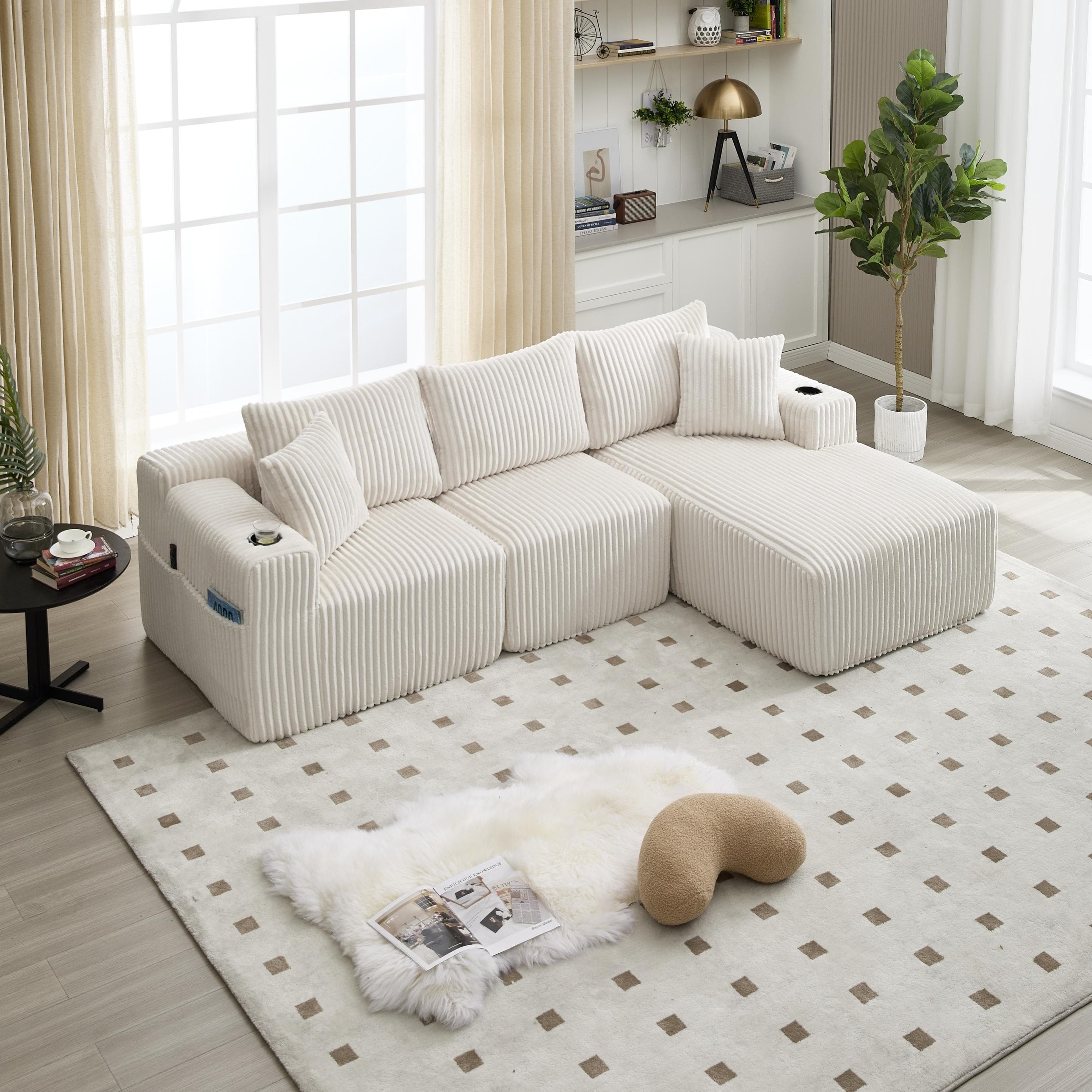 Modular L-Shaped Sectional Sofa with High-Resilience Foam, Plush Corduroy Chaise Lounge for 3 People, 257L x 160W x 80H cm, Beige | Aosom UK