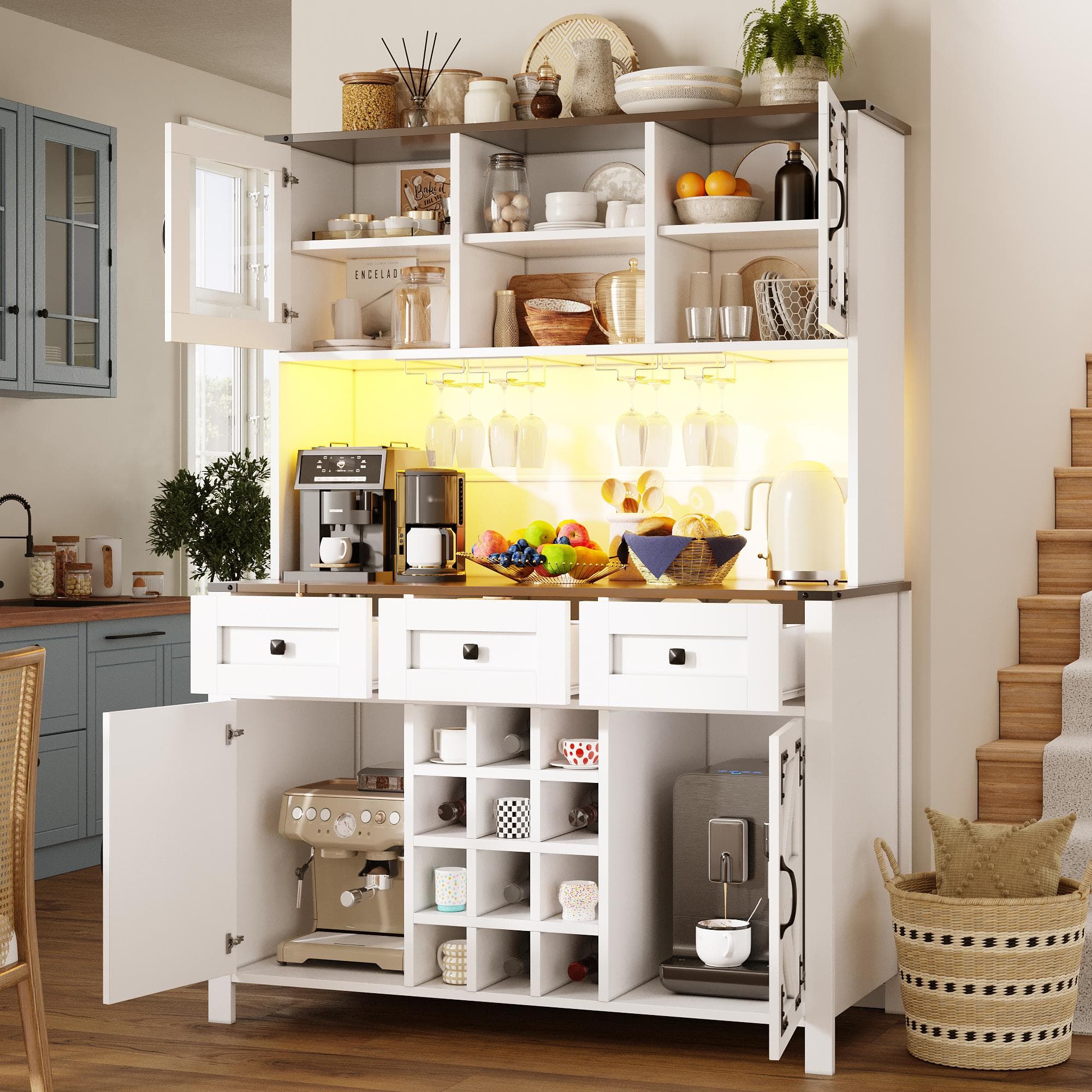 Tall Kitchen Cabinet with Integrated 2 AC + 2 USB Power Strip, Modern Sideboard with 4 Doors & 3 Drawers, 120L x 40W x 170H cm, White | Aosom UK