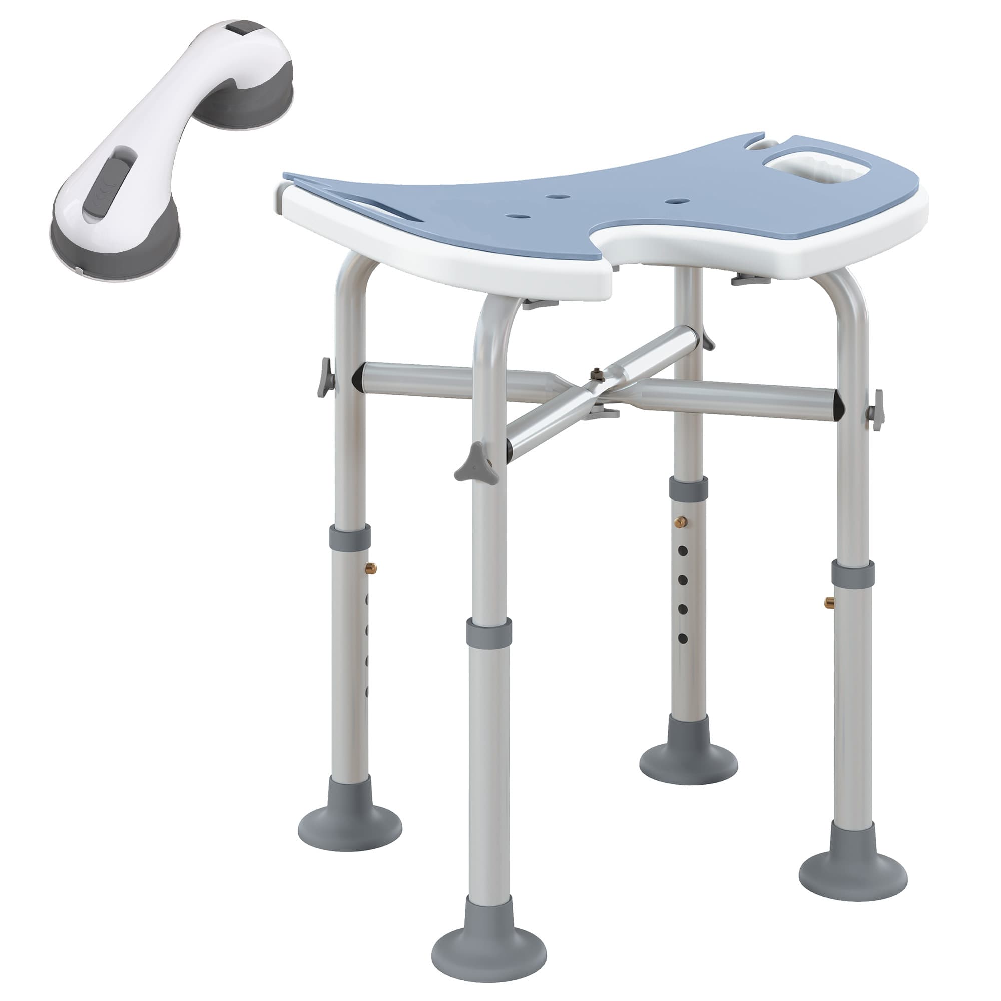 HOMCOM Bath Stool with Suction Cup Fee, 'U' Seat Padded Shower Stool, 39-51.5cm Adjustable Height, Light Blue | Aosom UK
