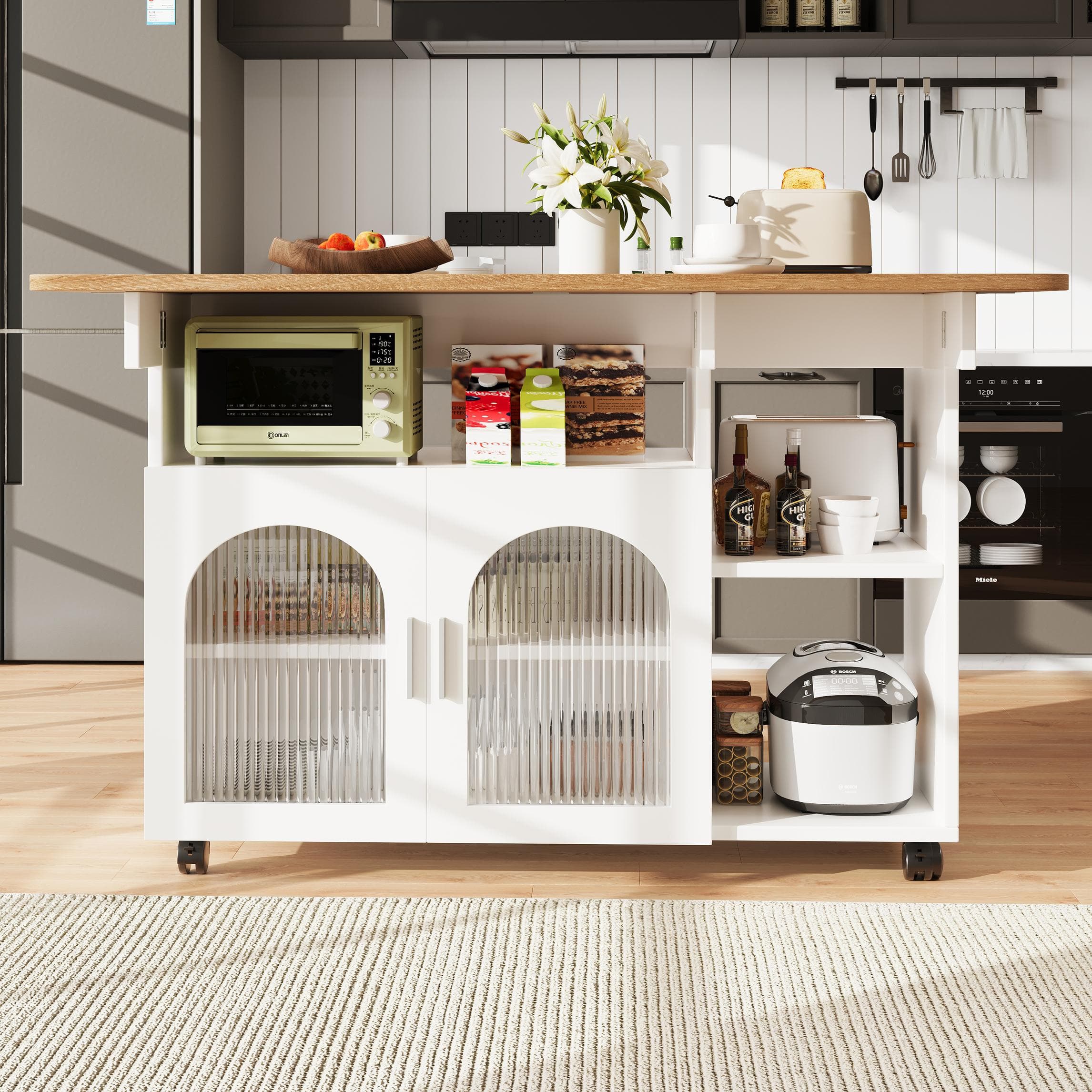 Mobile Kitchen Island with Fold-Down Dining Extensions, Versatile Serving Trolley with Open Shelves, 120L x 30-70W x 79.5H cm, White | Aosom UK