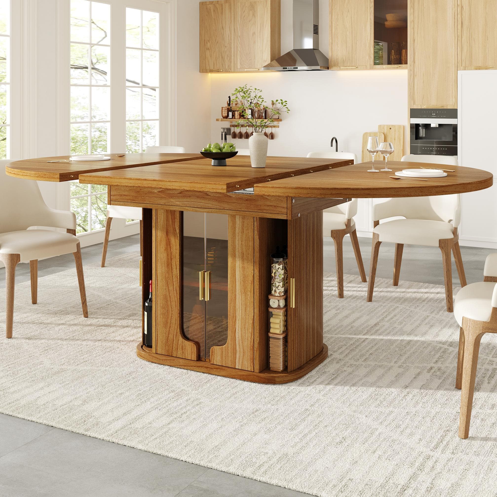 Extendable Dining Table with Hidden Storage and Glass Doors, Round Kitchen Table for 6 People, 118-158L x 118W x 77H cm, Walnut | Aosom UK
