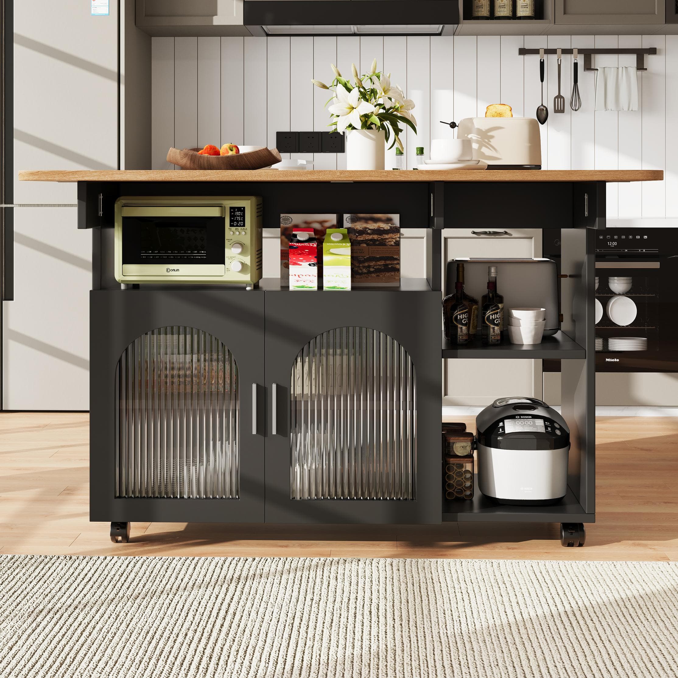 Mobile Kitchen Island with Folding Dining Tops and Storage, Multifunctional Dining Trolley for Modern Home, 120L x 30-70W x 79.5H cm, Black | Aosom UK
