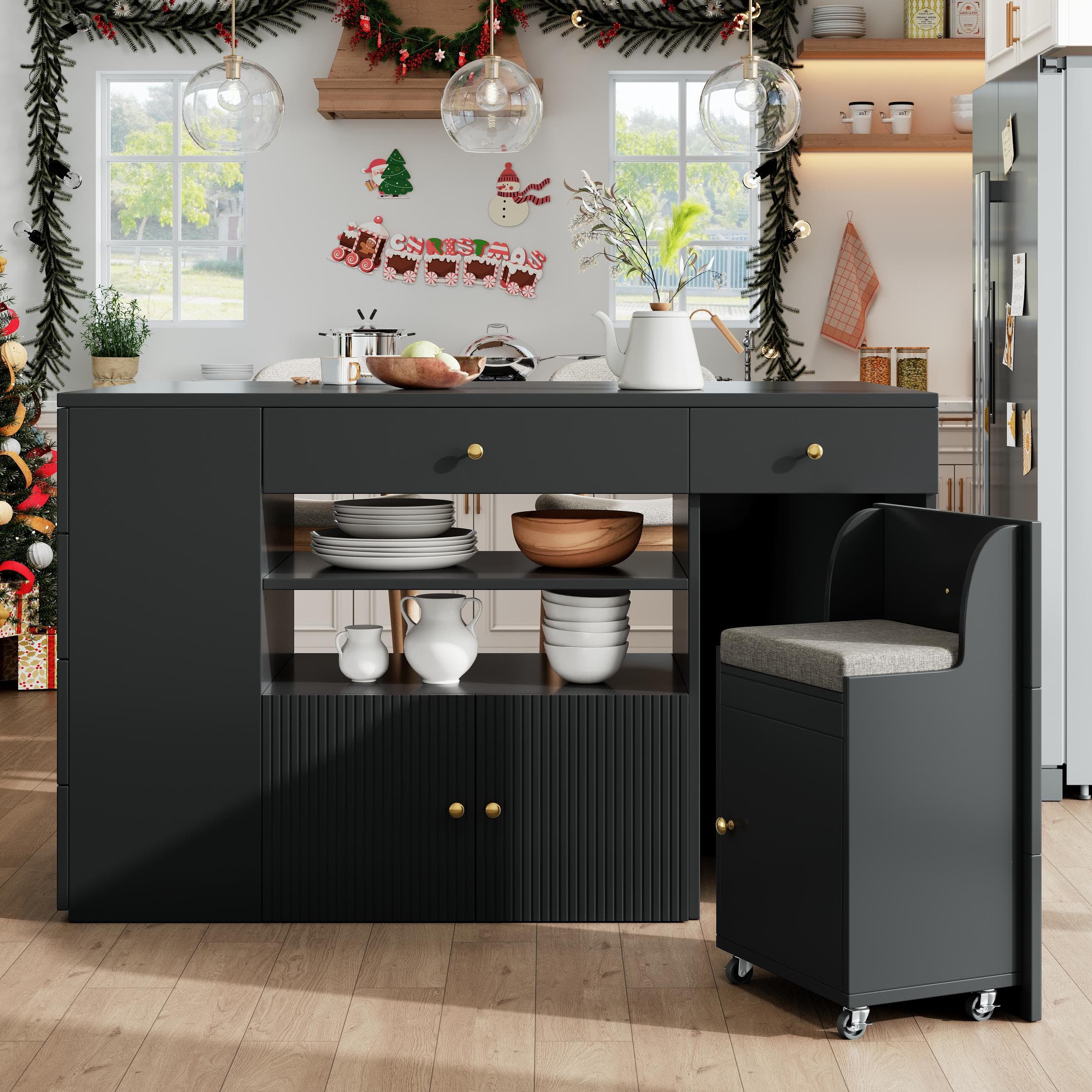 Adjustable Kitchen Island with 2 Stools, 6-Drawer and Generous worktop, Versatile Sideboard with Open Shelves, 140L x 40W x 89H cm, Black | Aosom UK