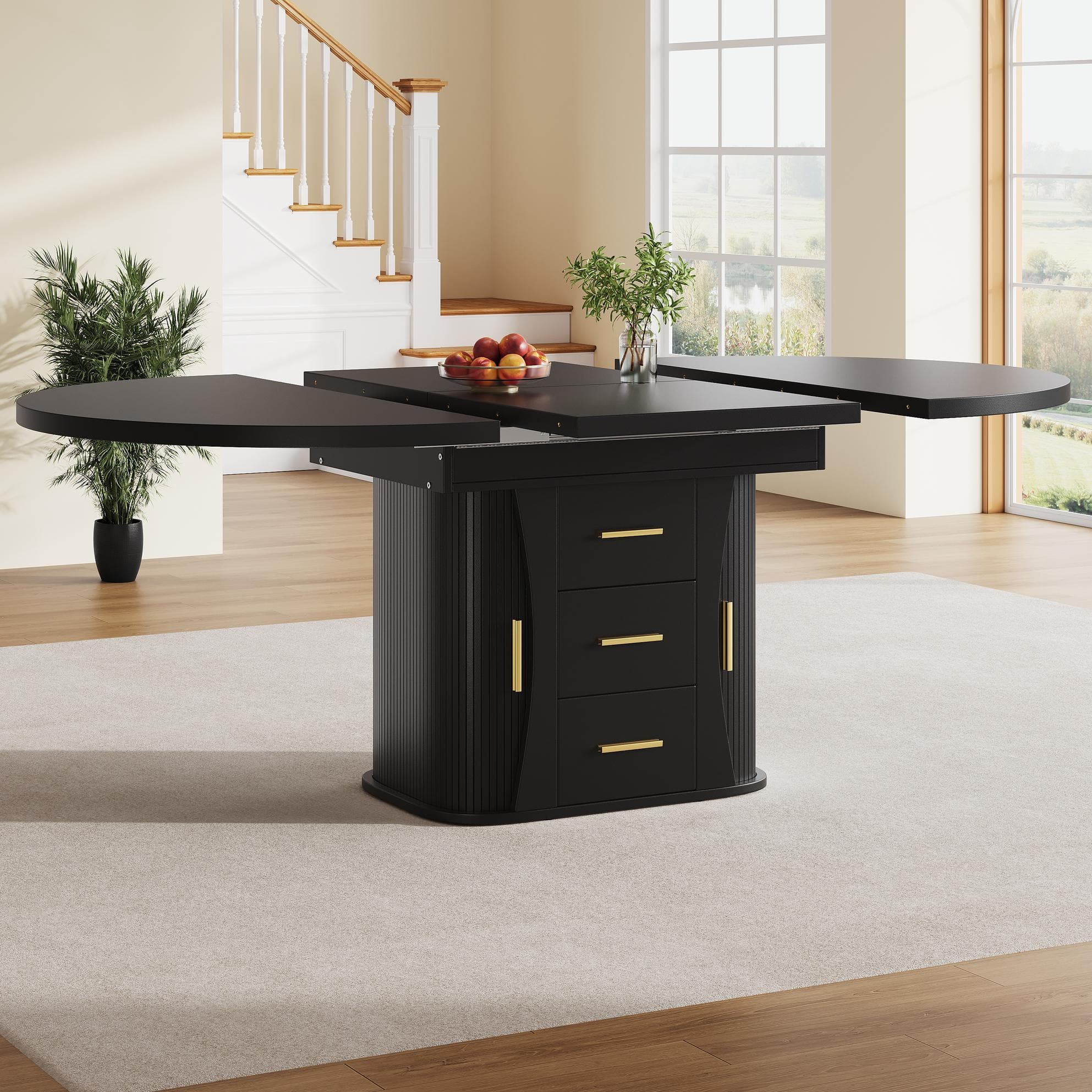 Extendable Dining Table with 3-Tier Hidden Storage and Oval Extension, Round Kitchen Table for 6 People, 118-158L x 118W x 77H cm, Black | Aosom UK
