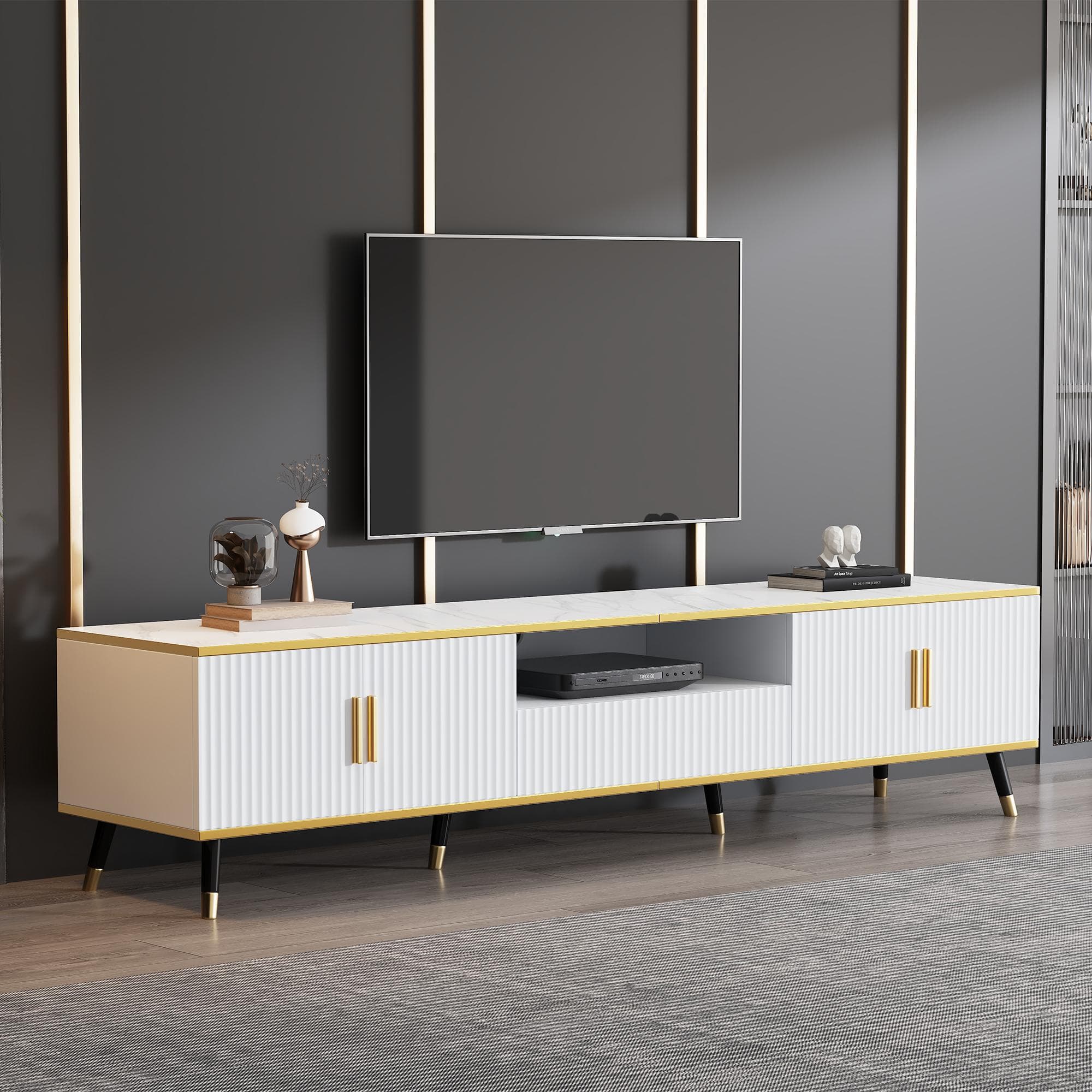 Modern TV Entertainment Center with 4 Doors & Drawer, Spacious TV Stand for Living Room or Bedroom, 200L x 40W x 46H cm, White | Aosom UK