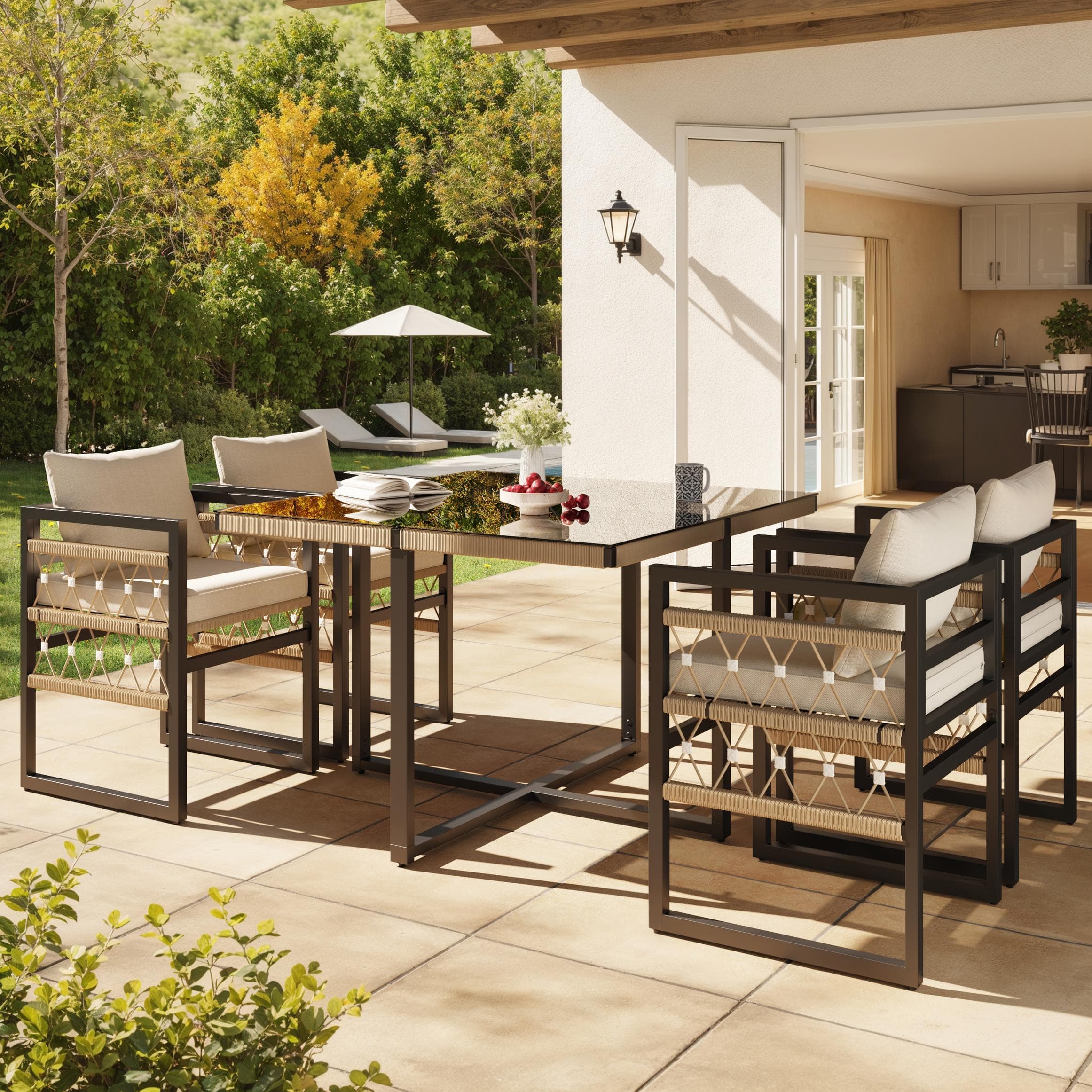 Hand-Woven Garden Dining Set for Small Garden with Tempered Glass Dining Table 4 Cushioned Armchairs, Beige & Black | Aosom UK