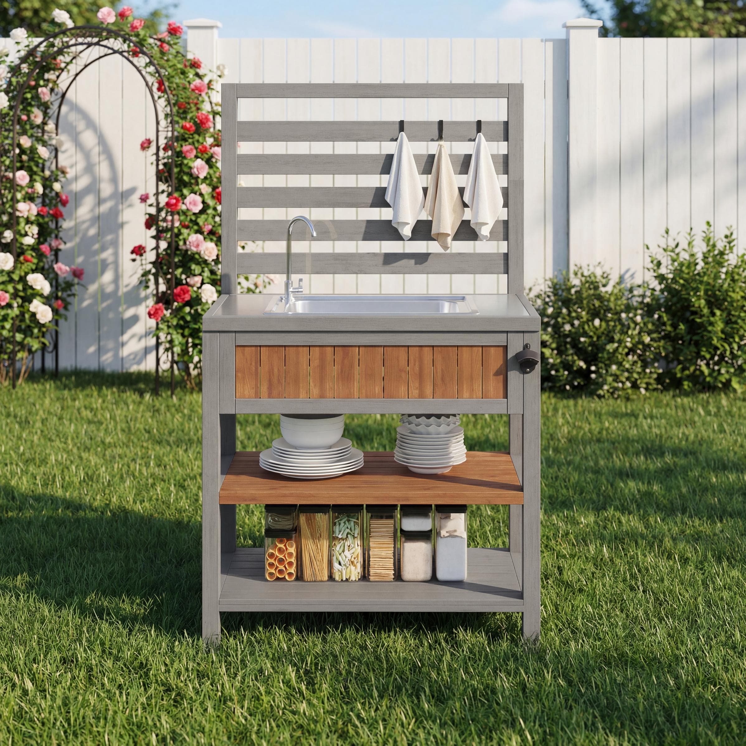 Weatherproof Garden Cabinet with Large Work Surface, Outdoor Kitchen Sideboard with Adjustable Shelves, 80L x 51W x 148.5H cm, Natural | Aosom UK