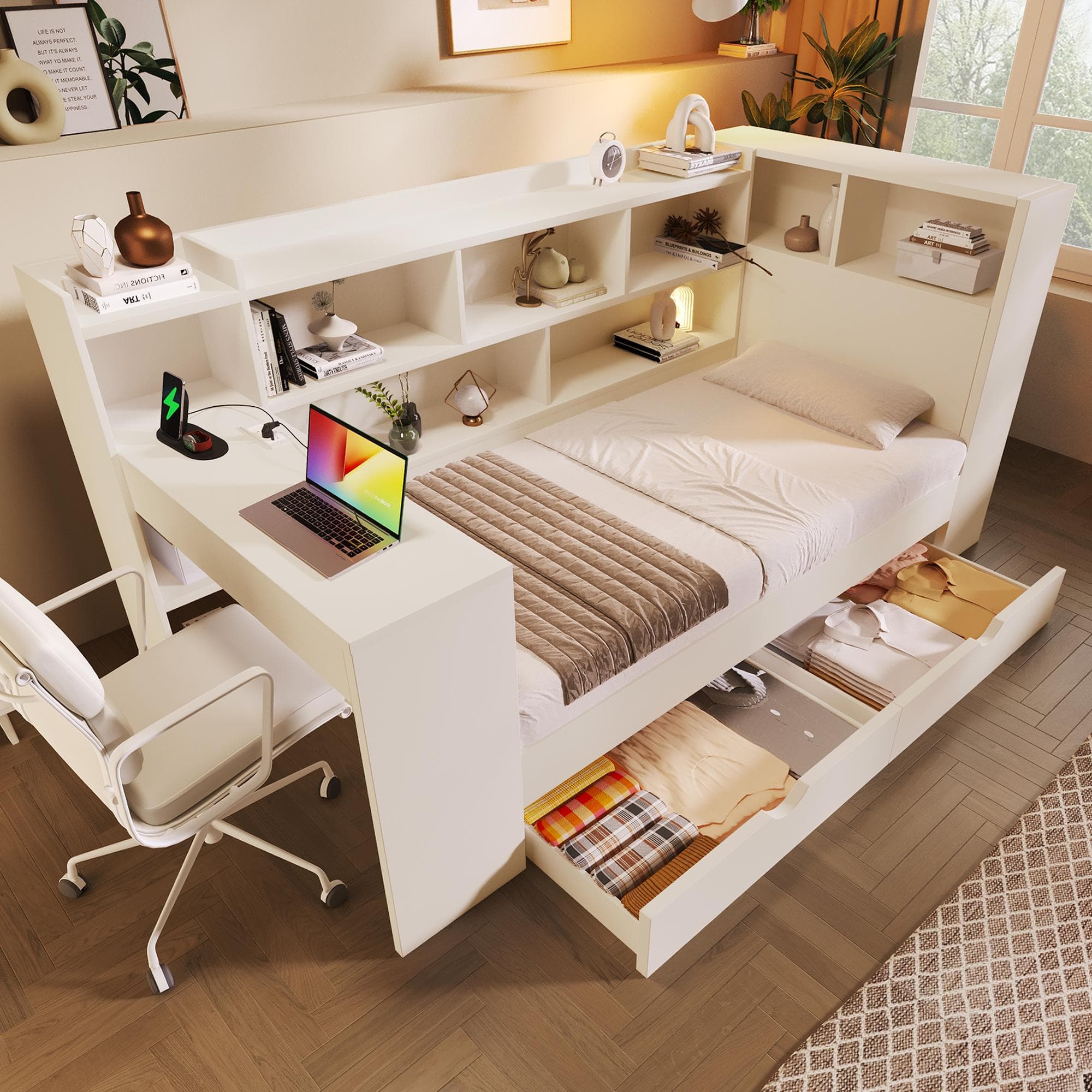 Multi-Functional Single Daybed with Bookcase & Computer Desk, Space-Saving Bed Frame with Ergonomic Desk, 63L x 114W x 100H cm, White | Aosom UK