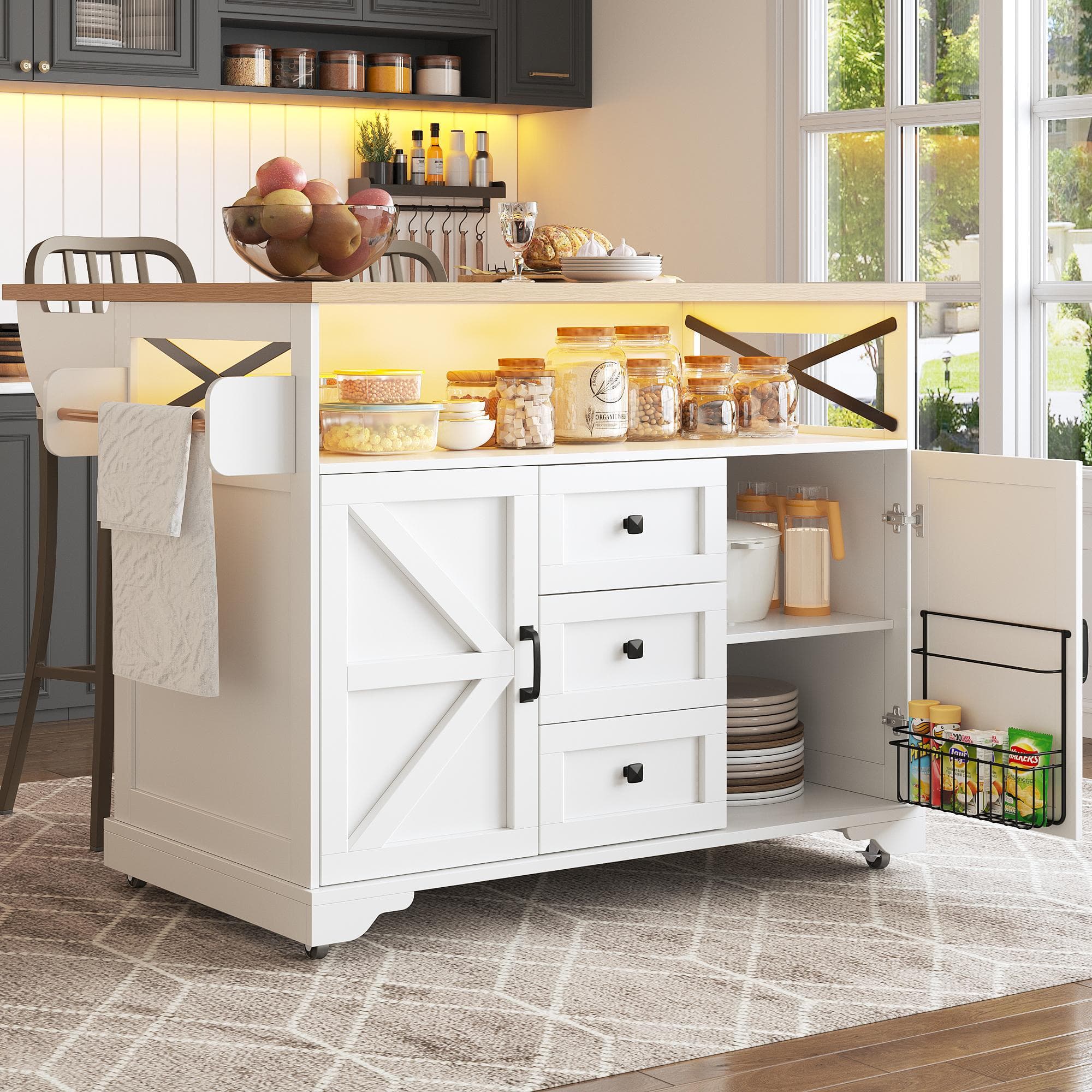 Mobile Kitchen Island with Drop-Leaf Table and Multi-Tier Snack Shelves, Serving Cart with App-Controlled LED, 120L x 72W x 98H cm, White | Aosom UK