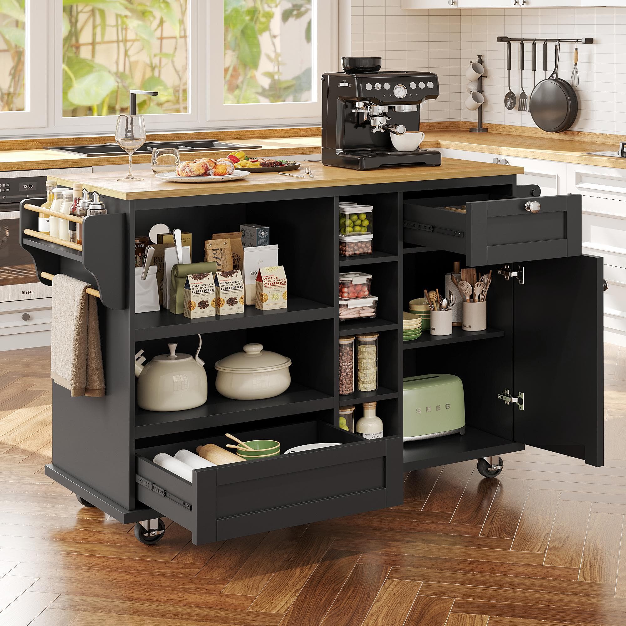 Modern Dining Trolley with Drawers, Cupboards and Open Shelving, Mobile Kitchen Cart with Wooden Worktop, 129L x 46W x 92H cm, Black | Aosom UK