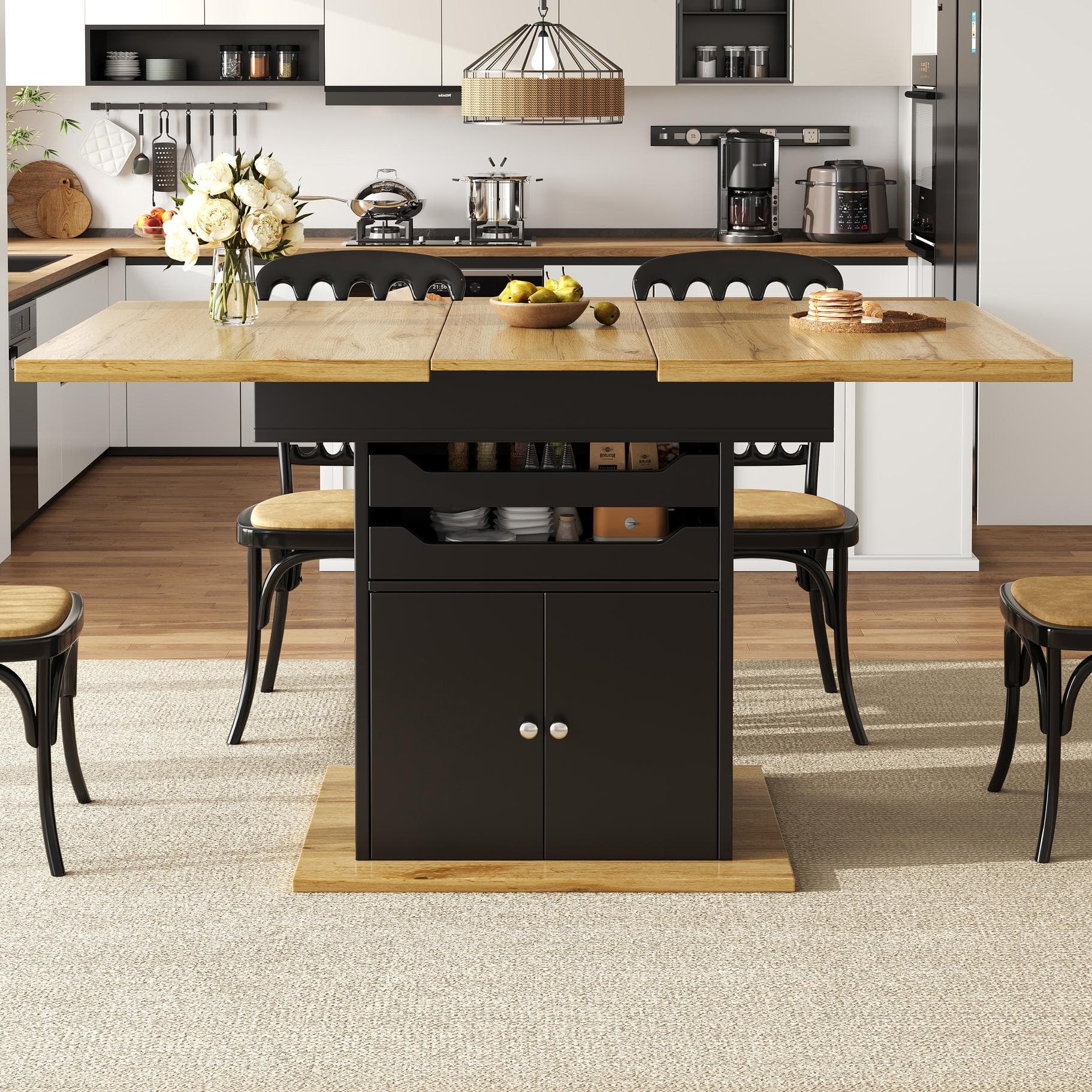 Telescopic Dining Table with Pull-Out Drawers & Integrated Cabinet, Extendable Kichen Table for 4-6 people, 110-140L x 80W x 76H cm, Black | Aosom UK