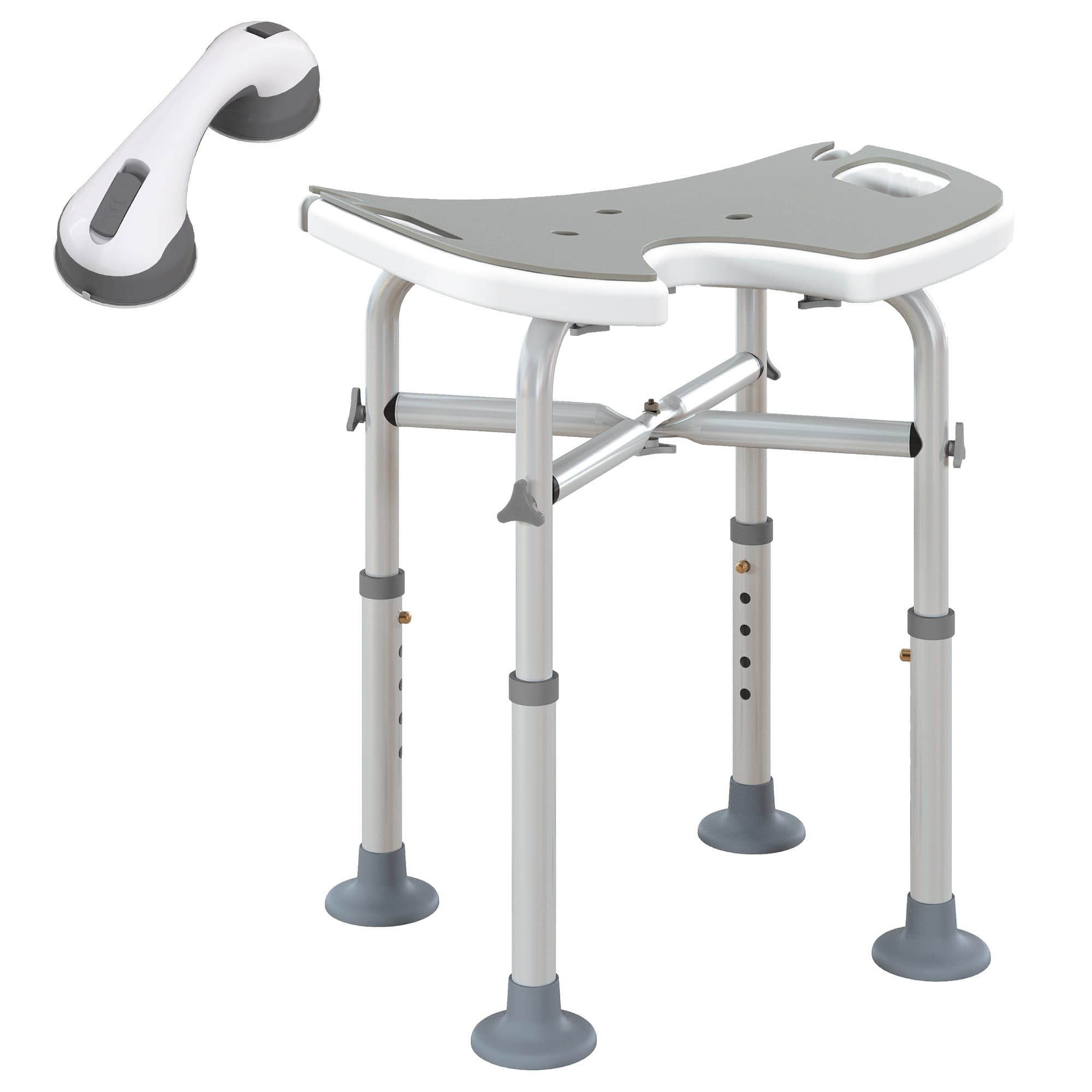 HOMCOM Bath Stool with Suction Cup Fee, 'U' Seat Padded Shower Stool, 39-51.5cm Adjustable Height, Grey | Aosom UK