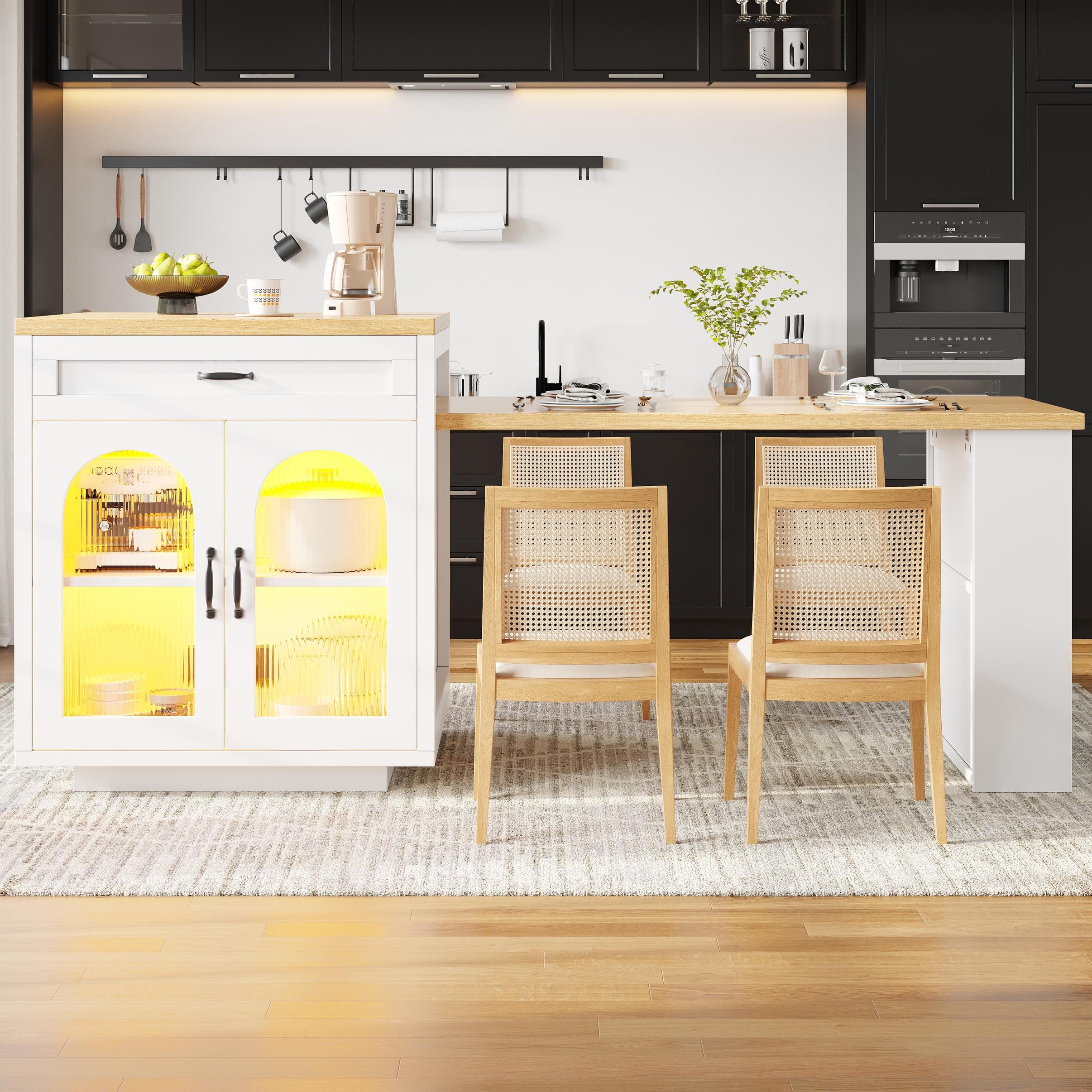 Extendable Kitchen Island with App-Controlled RGB Lighting, Versatile Storage Cabinet with Adjustable Shelf, 126-196L x 59W x 94H cm, White | Aosom UK