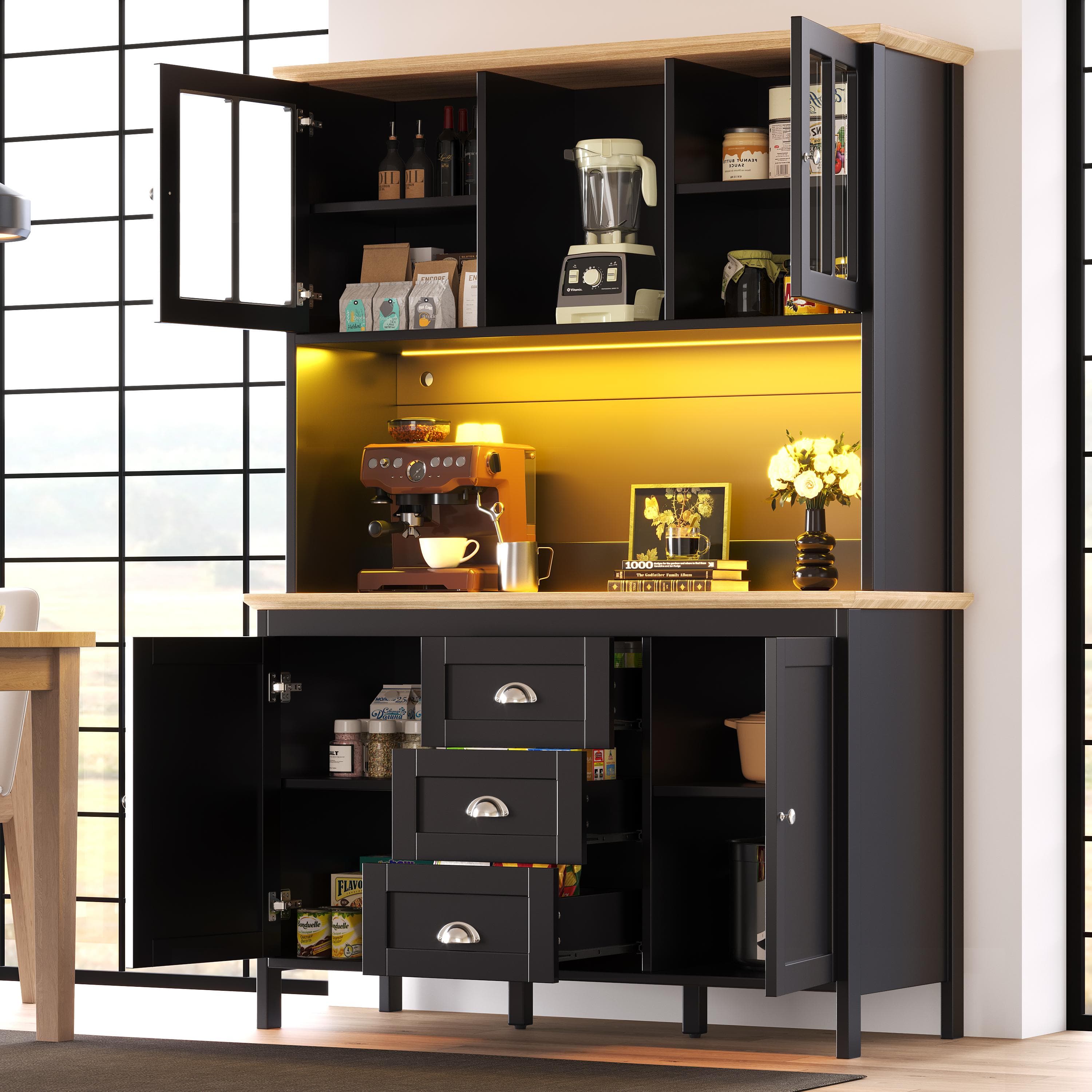 Tall Sideboard with 4 Doors, 3 Drawers and Open Shelf, Versatile Storage Cabinet for Kitchen & Living Area, 120L x 40W x 179H cm, Black | Aosom UK