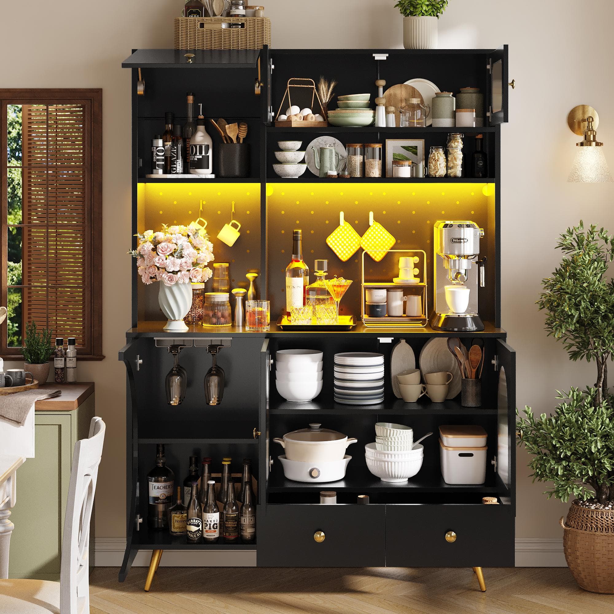 Tall Kitchen Cabinet with Built‑In Power Outlets & 2 USB Ports, Modern Sideboard with App-Controlled LED, 120L x 40W x 176H cm, Black | Aosom UK