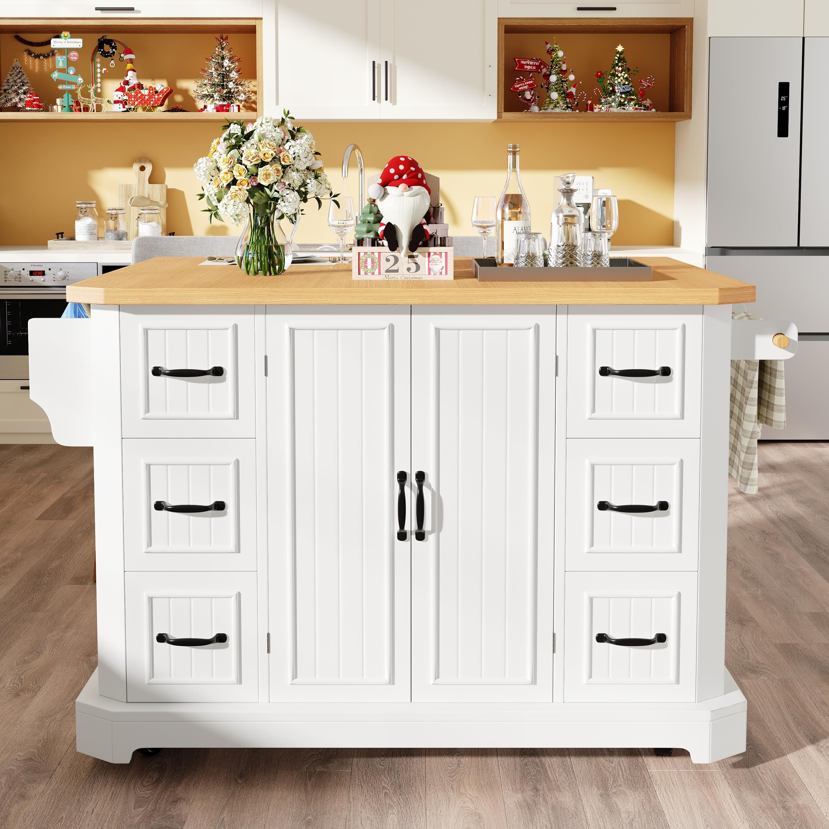 Mobile Kitchen Island with 2 Doors, 6 Drawers and Wood-Effect Worktop, Rolling Cart for Compact Dining Areas, 120L x 45W x 91H cm, White | Aosom UK