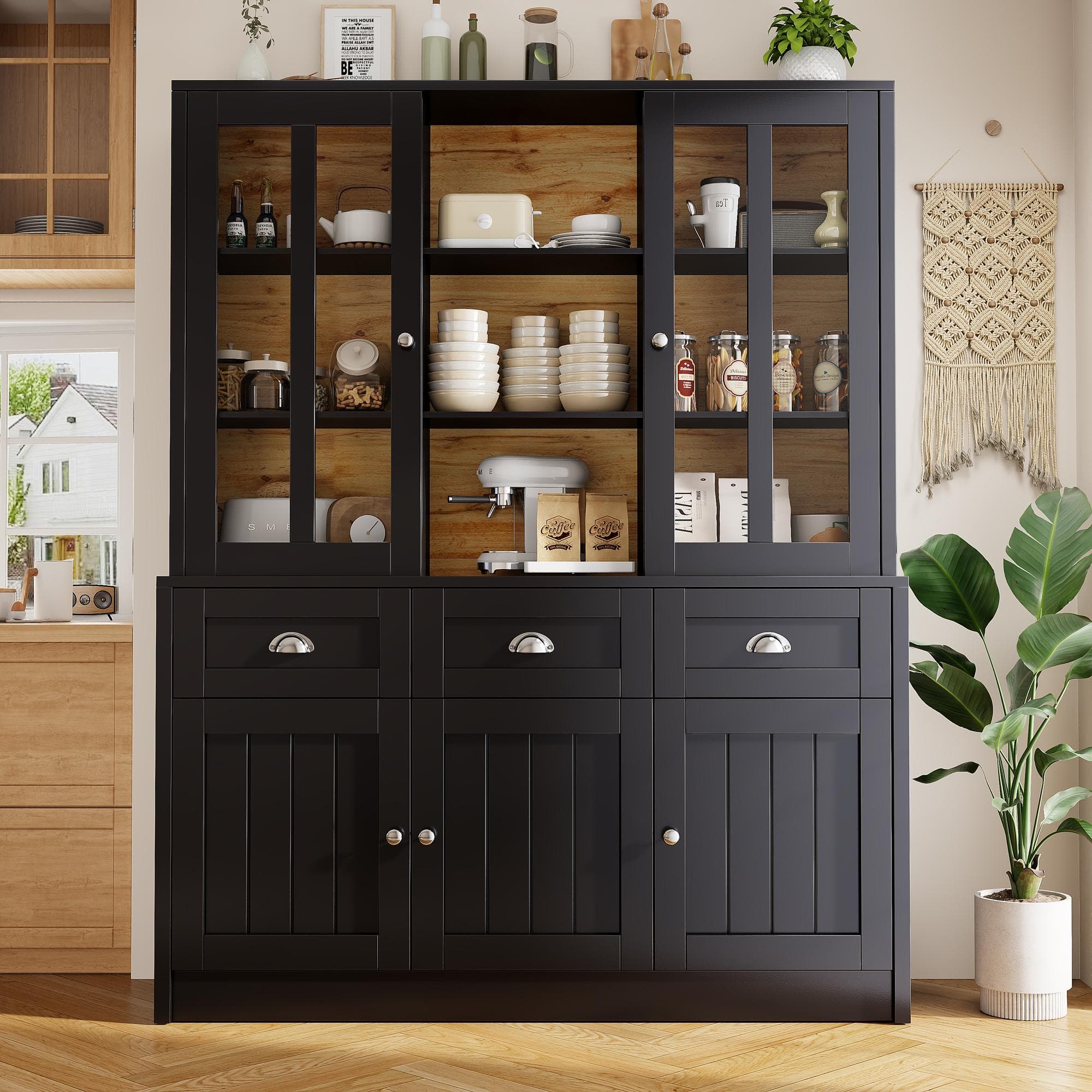 Freestanding Display Cabinet with Adjustable Shelves & Soft-Close Hinges, Tall Sideboard for Living Area, 140L x 38.5W x 175H cm, Black | Aosom UK