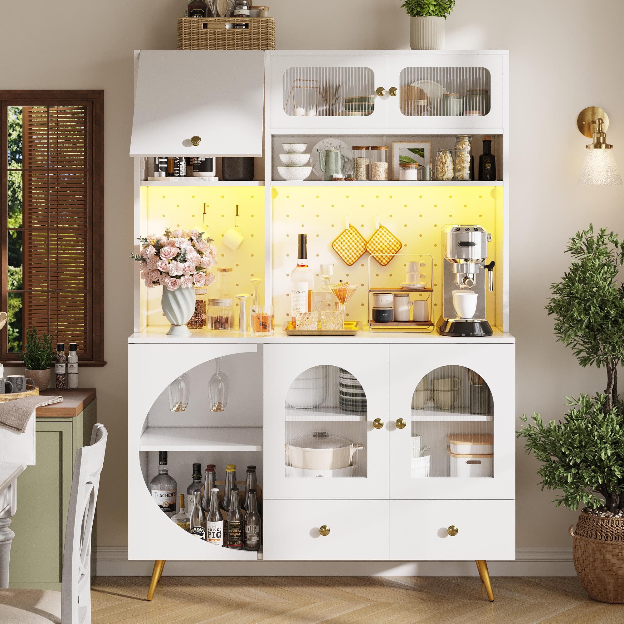 Tall Kitchen Cabinet with Built‑In Power Outlets & 2 USB Ports, Modern Sideboard with App-Controlled LED, 120L x 40W x 176H cm, White | Aosom UK