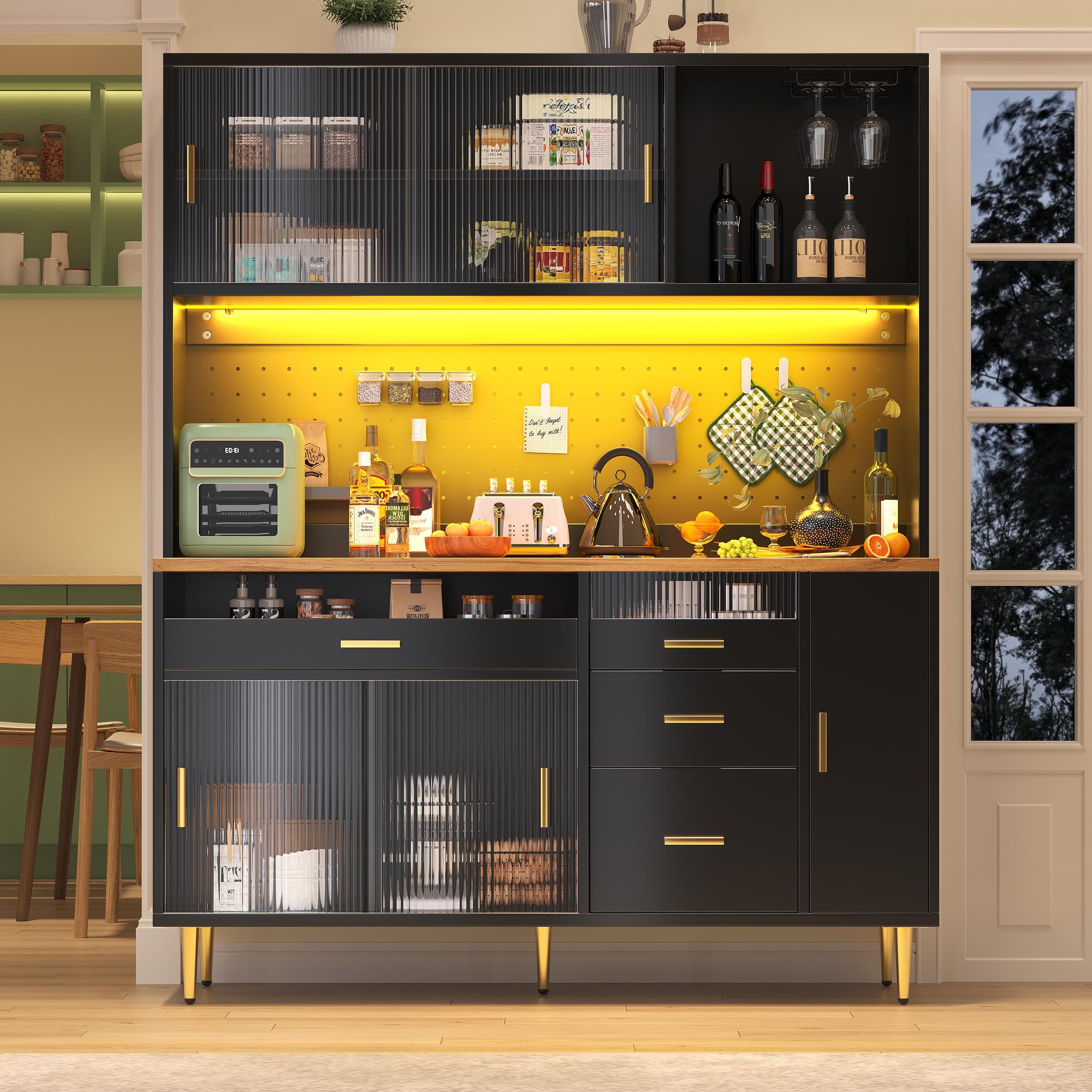Modern Highboard with Height-Adjustable Shelves & App-Controlled LED, Tall Cabinet for Living, Dining Area, 145L x 39W x 171H cm, Black | Aosom UK