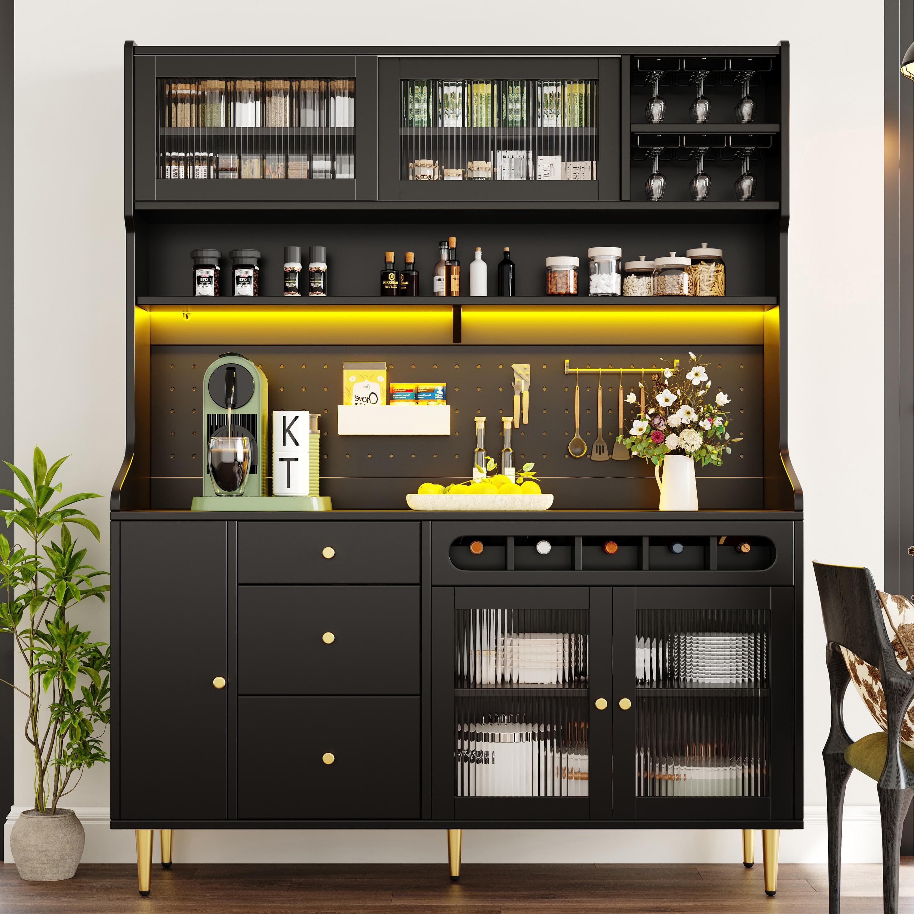 Modern Highboard with LED Lighting & Adjustable Shelves, Freestanding Cabinet with Pull-Out Wine Rack, 145L x 39W x 171H cm, Black | Aosom UK