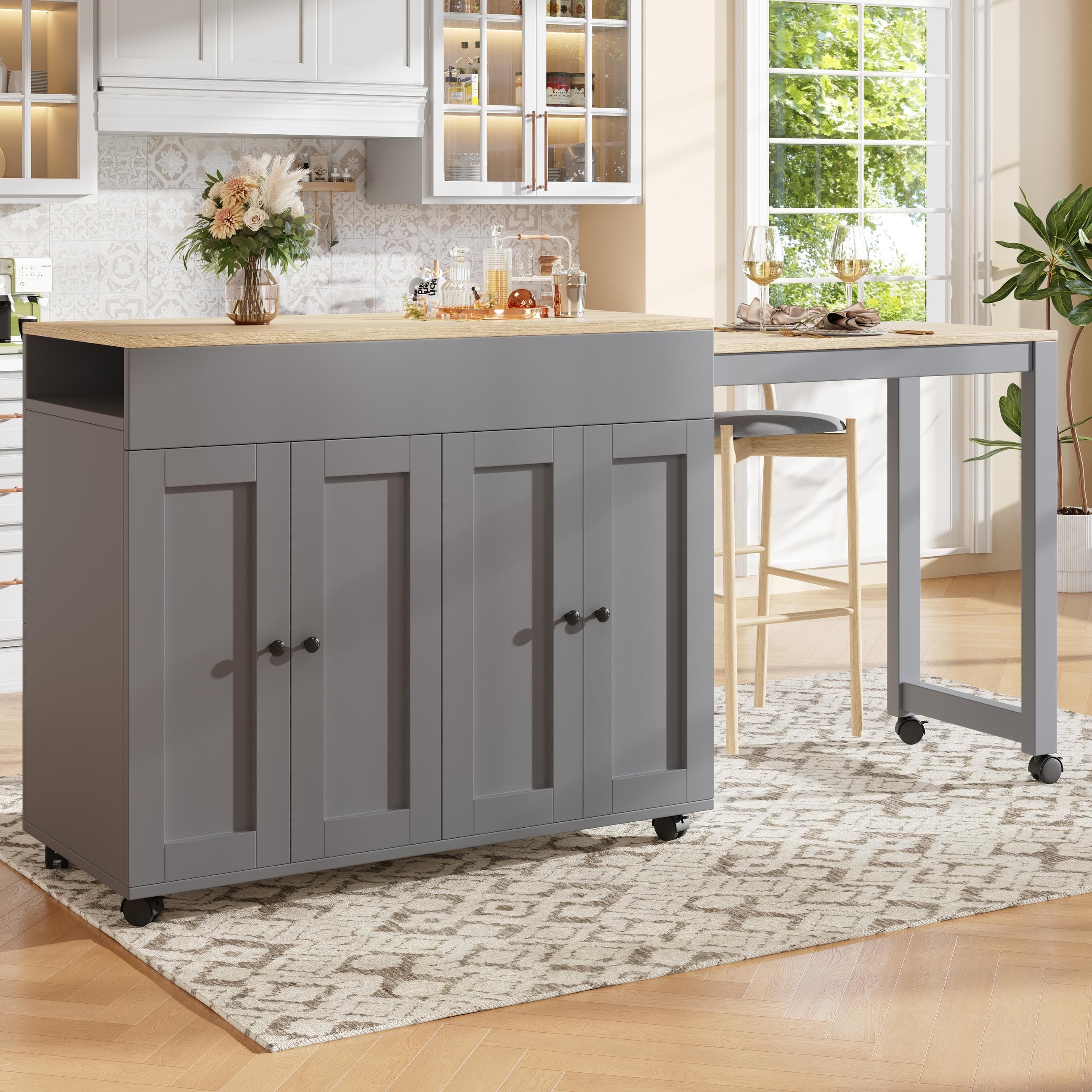Space‑Saving Dining Table with 6 Adjustable Shelves & Storage Cabinet, Extendable Bar Table for 4–6 People, 118L-180 x 50W x 94H cm, Gray | Aosom UK