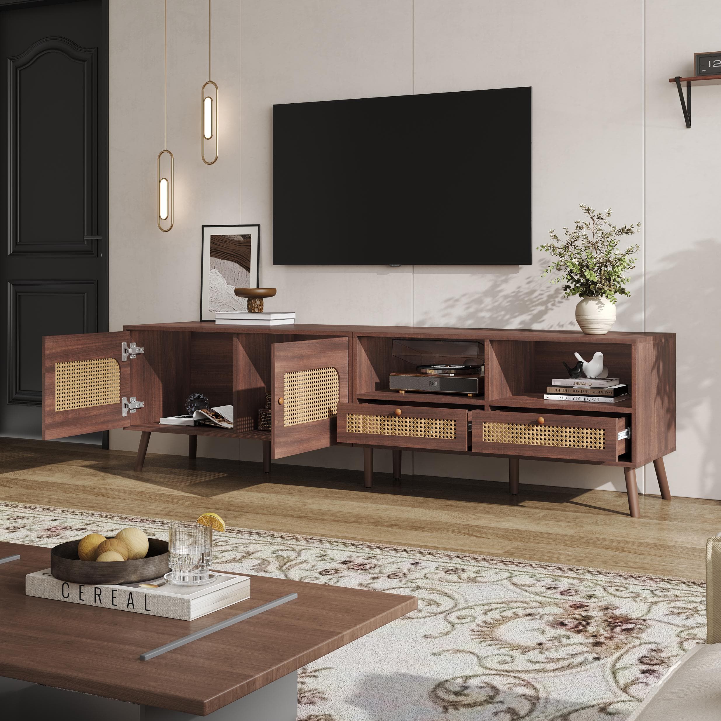 Modern TV Entertainment Centre with 2 Drawers & 2 Cabinets, Sturdy Media Cabinet for Living Rooms, 200L x 37W x 49.5H cm, Wood | Aosom UK
