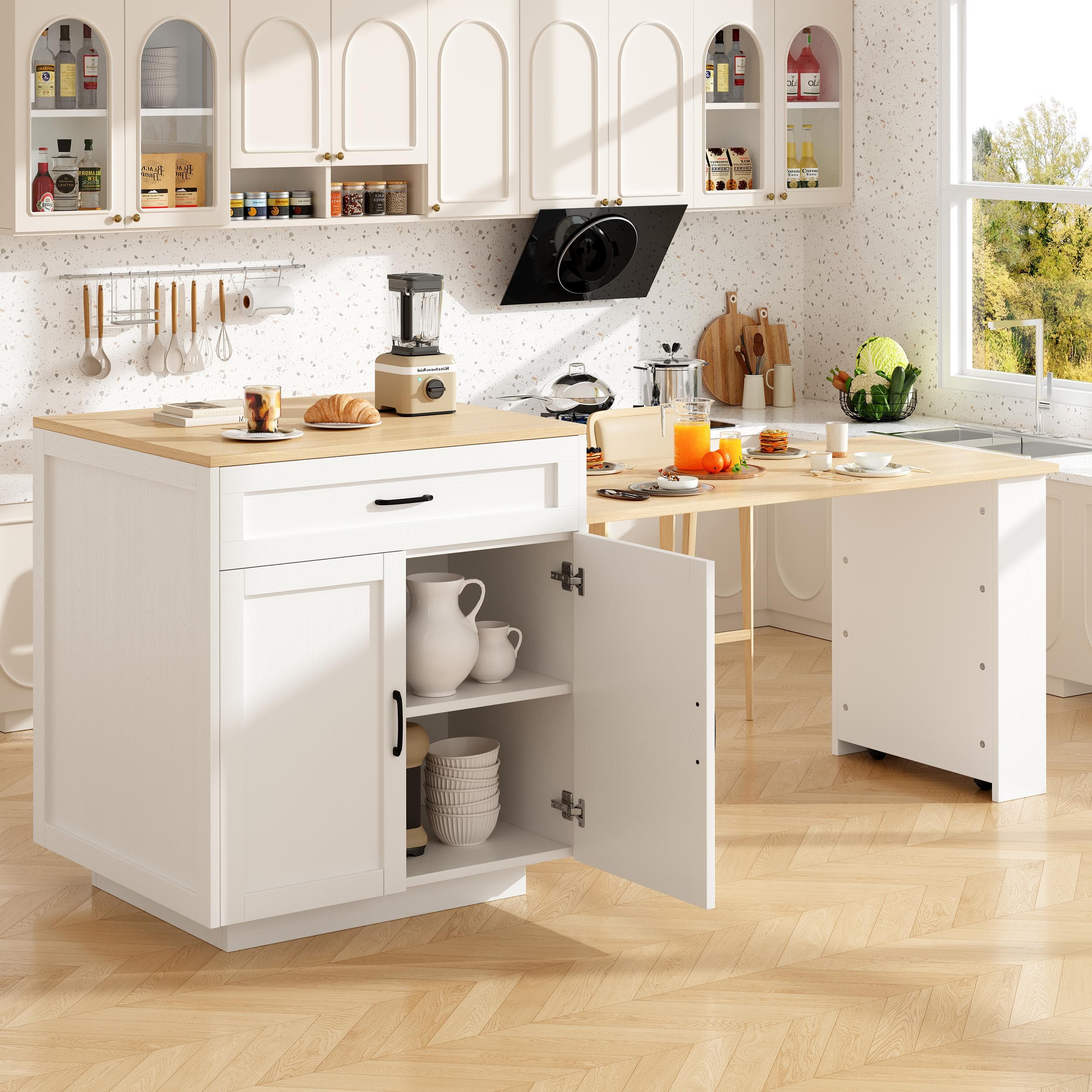 Extendable Bar Table with 2 Compartments and Side Spice Rack, Expandable Kitchen Island for 2–6 People, 133-202L x 70W x 93.5H cm, White | Aosom UK