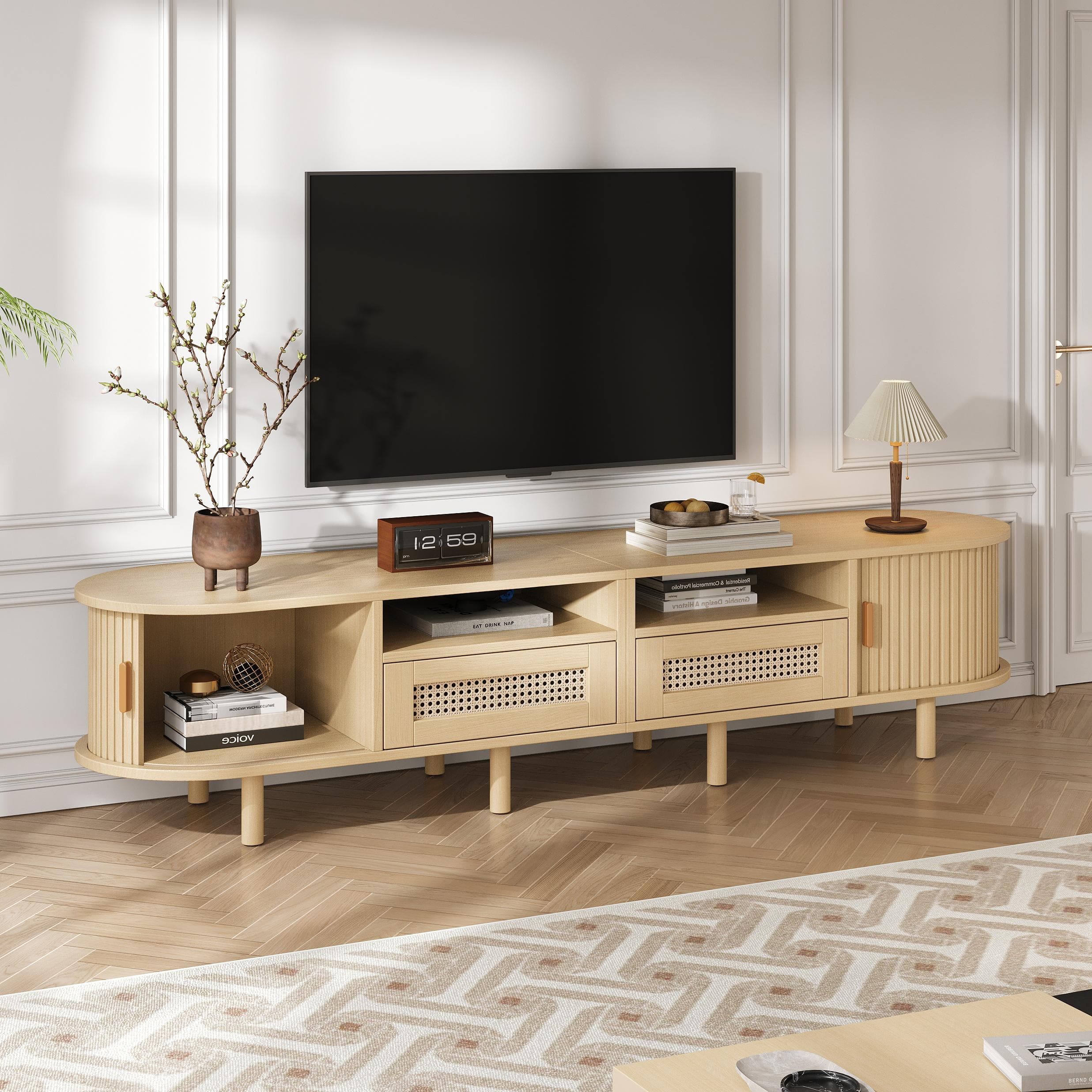 Modern TV Stand with 2 Drawers, 2 Sliding Doors & 8 Solid Wood Legs, Versatile Cabinet with Rounded Corners, 170L x 40W x 40H cm, Oak | Aosom UK