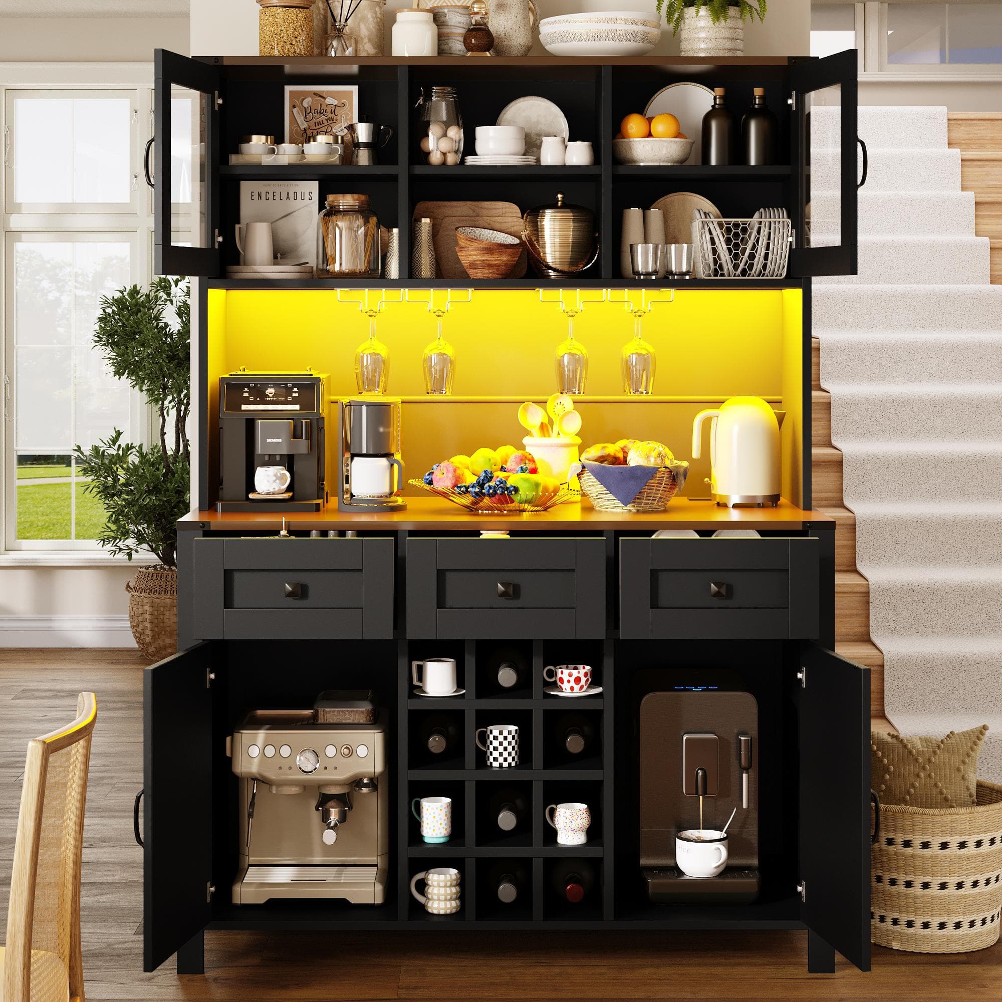 Tall Kitchen Cabinet with Integrated Power Strip and Wine Glass Rack, Stylish Sideboard with Cable Management, 120L x 40W x 170H cm, Black | Aosom UK