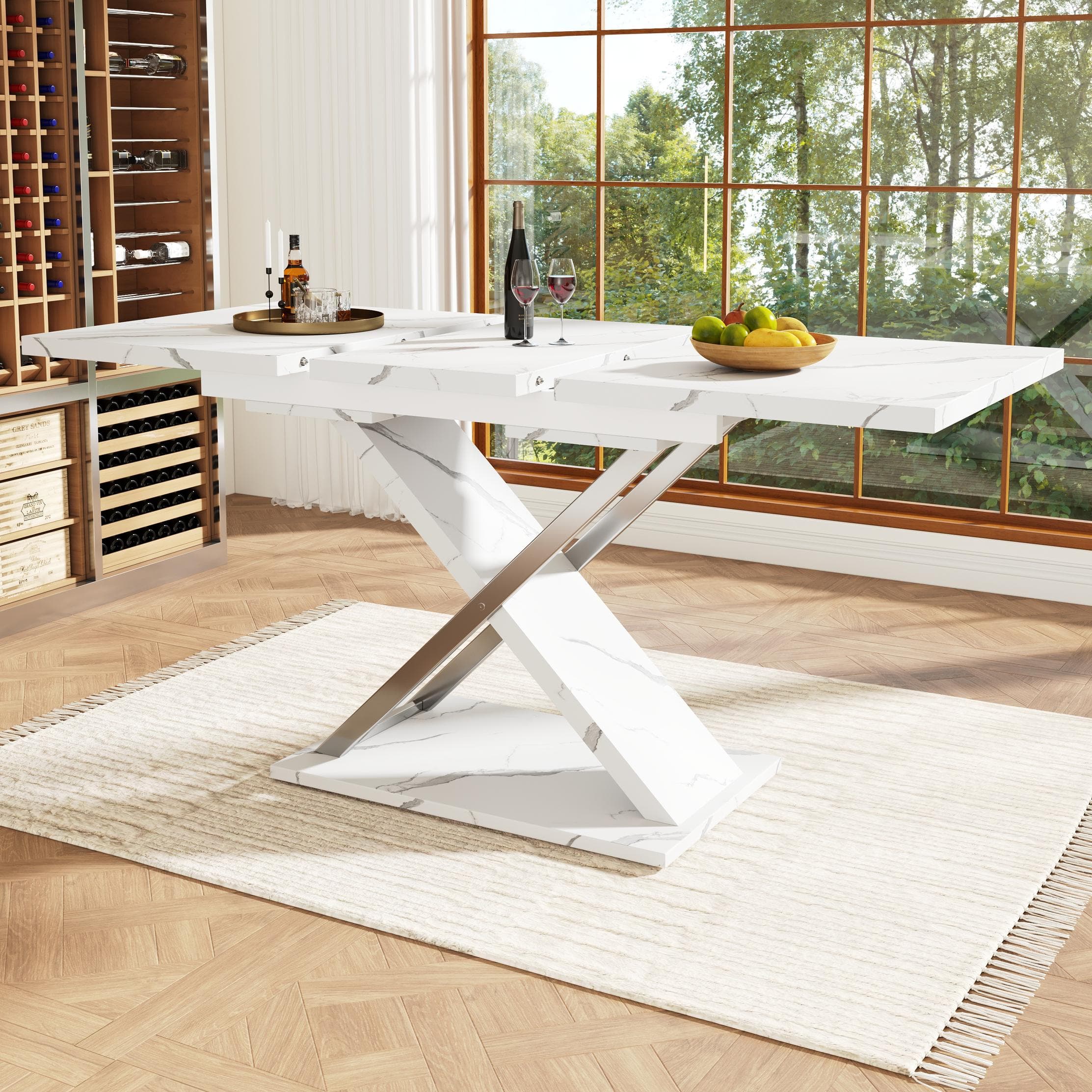 Extendable Dining Table with Locking Silent Metal Guide Rails, Space-Saving Table for 6 to 8 People, 118-157L x 75W x 76.5H cm, White | Aosom UK