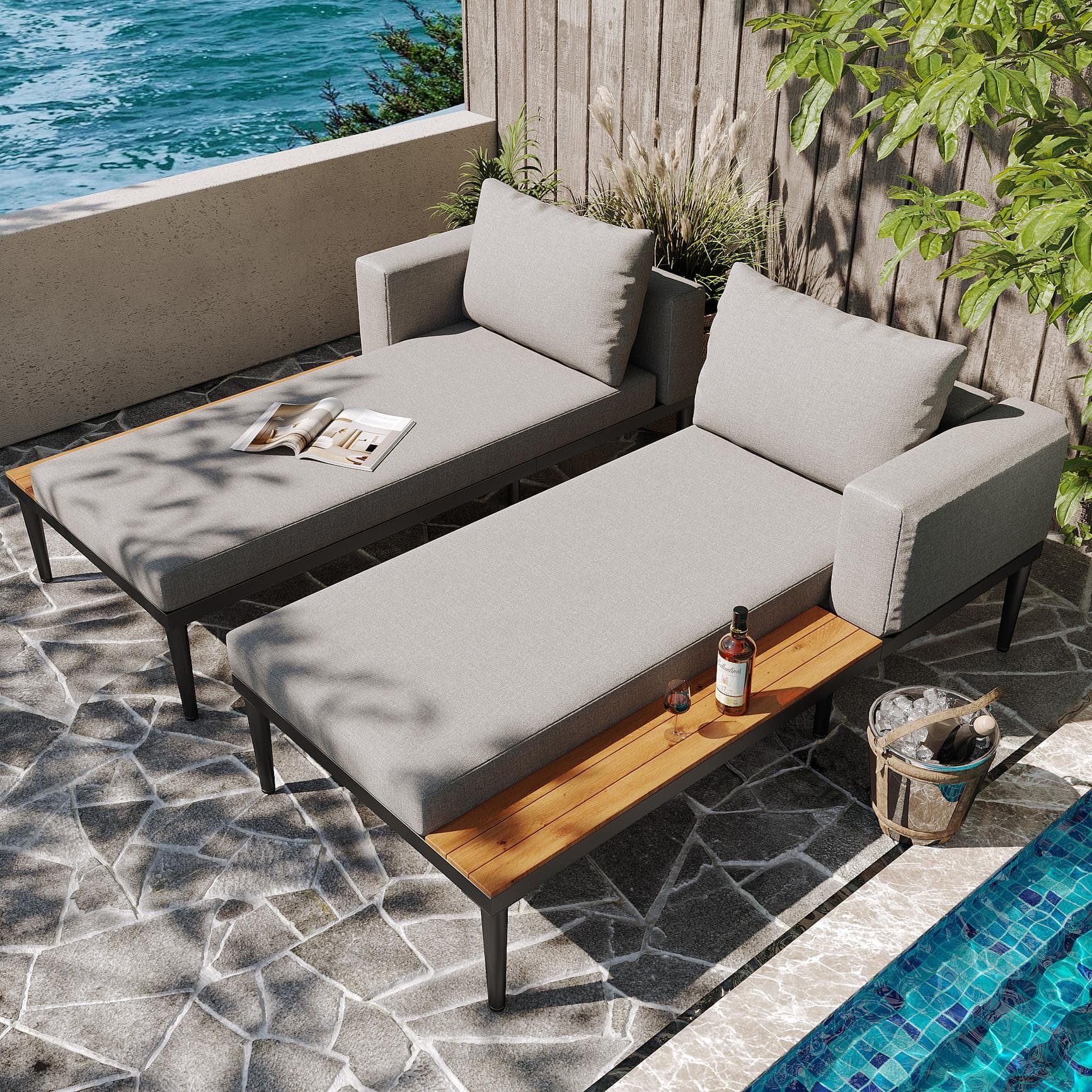 Modular Outdoor Double Chaise Lounge with Sturdy Iron Frame, Stylish Garden Sun Lounger for Patio & Poolside, 150L x 140W x 55H cm, Gray | Aosom UK