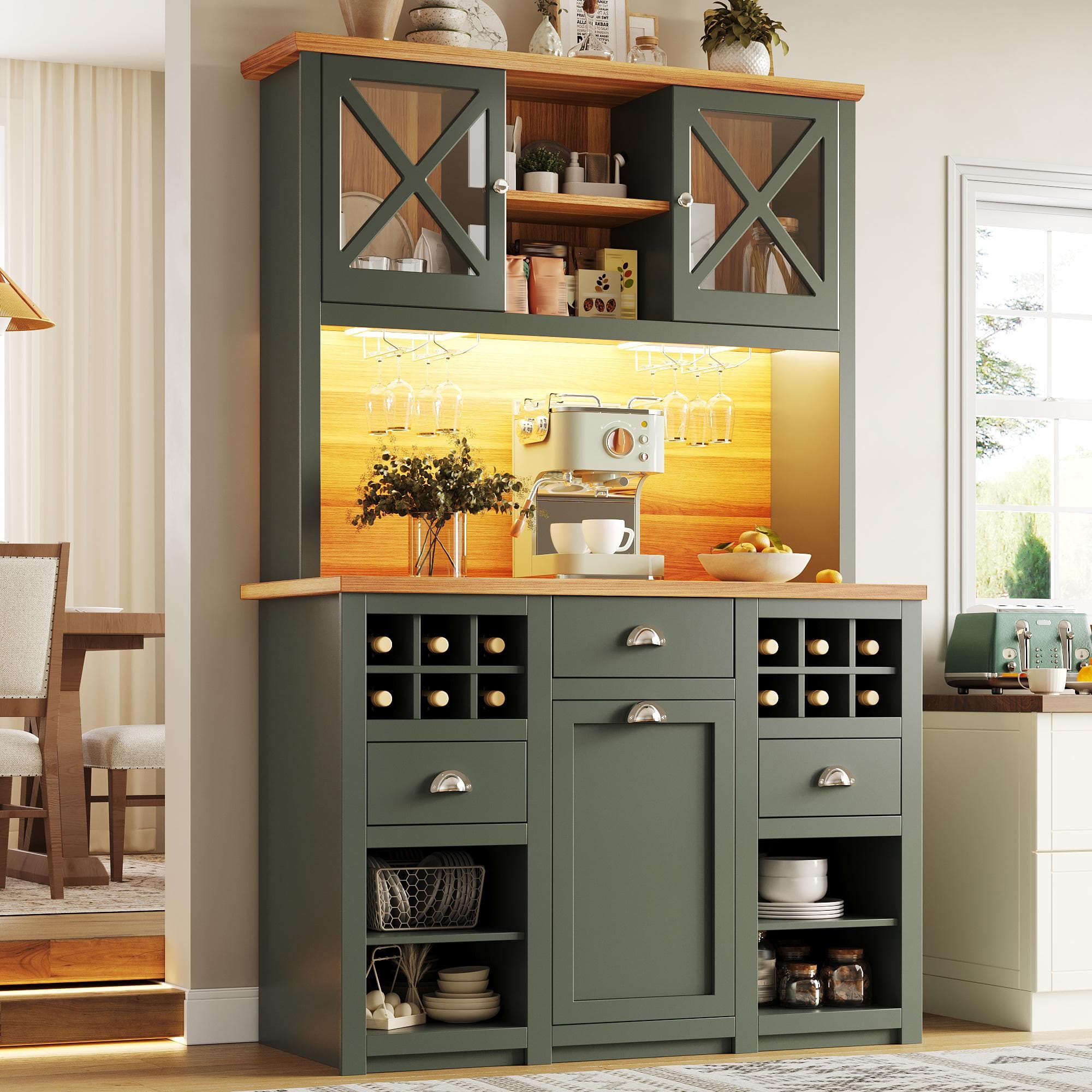 Tall Kitchen Cabinet with Glass Doors and LED Lighting, Versatile Sideboard with Adjustable Shelves, 120L x 45W x 188H cm, Antique Green | Aosom UK