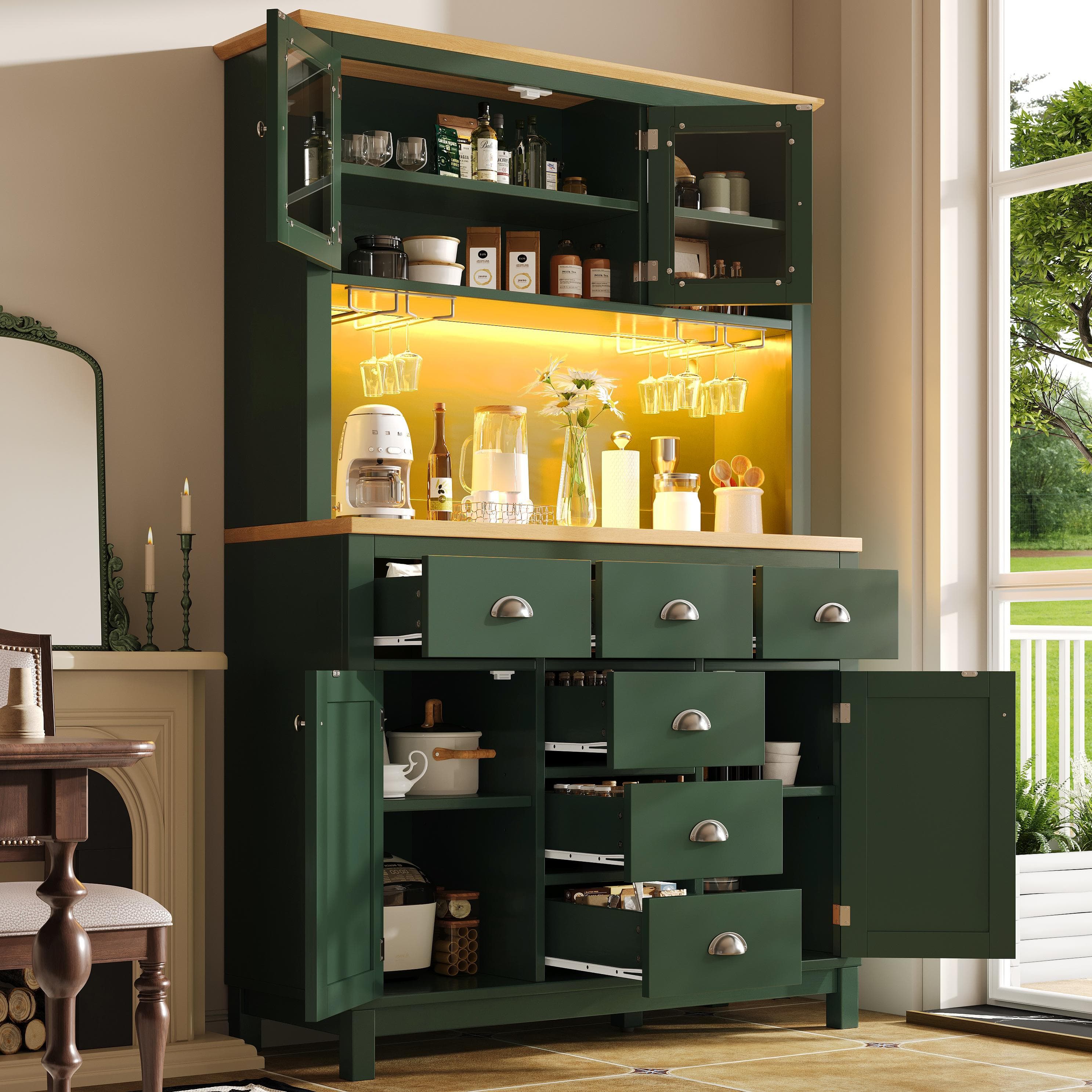 Farmhouse Style Sideboard with Spacious Shelves and Drawers, Versatile Storage Cabinet with Drink Holders, 104L x 40W x 180H cm, Green | Aosom UK