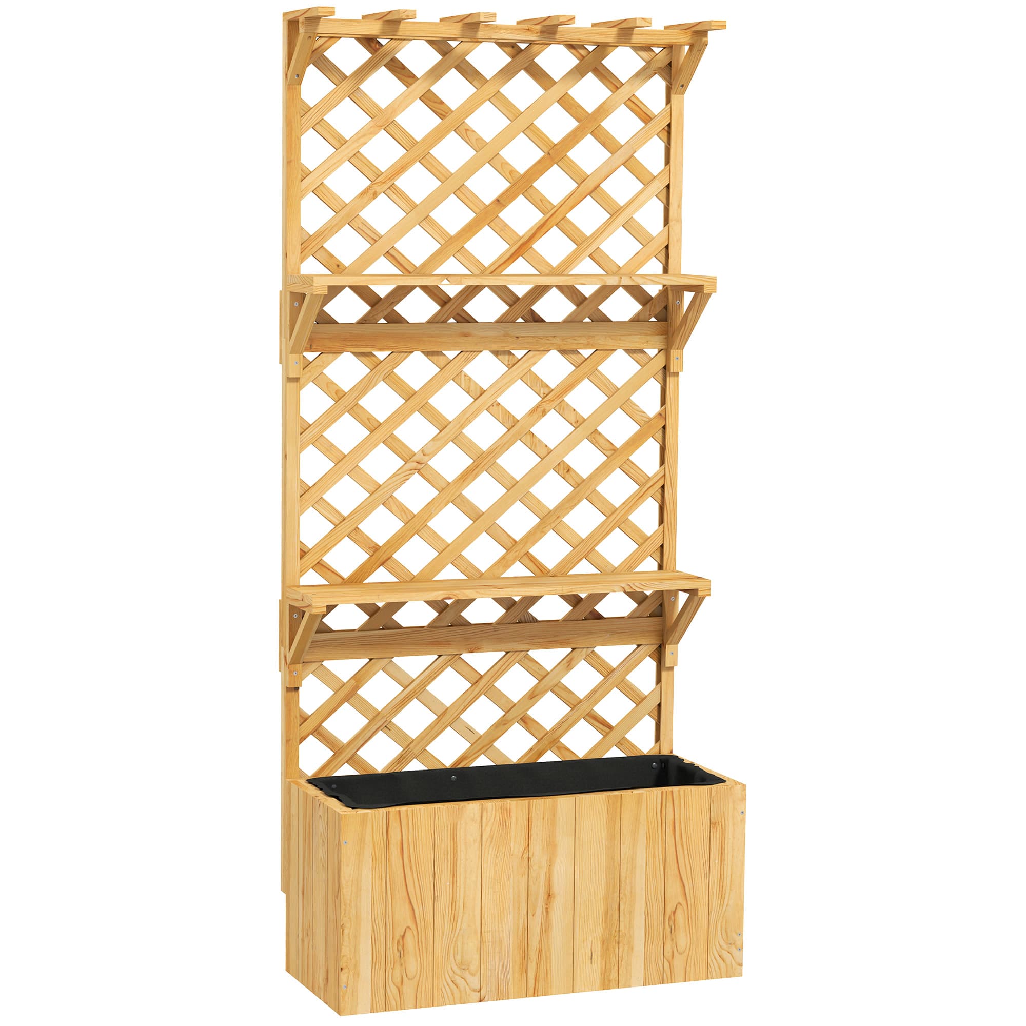Outsunny 52L Wooden Planter, with Trellis and Shelves - Nature Wood Finish