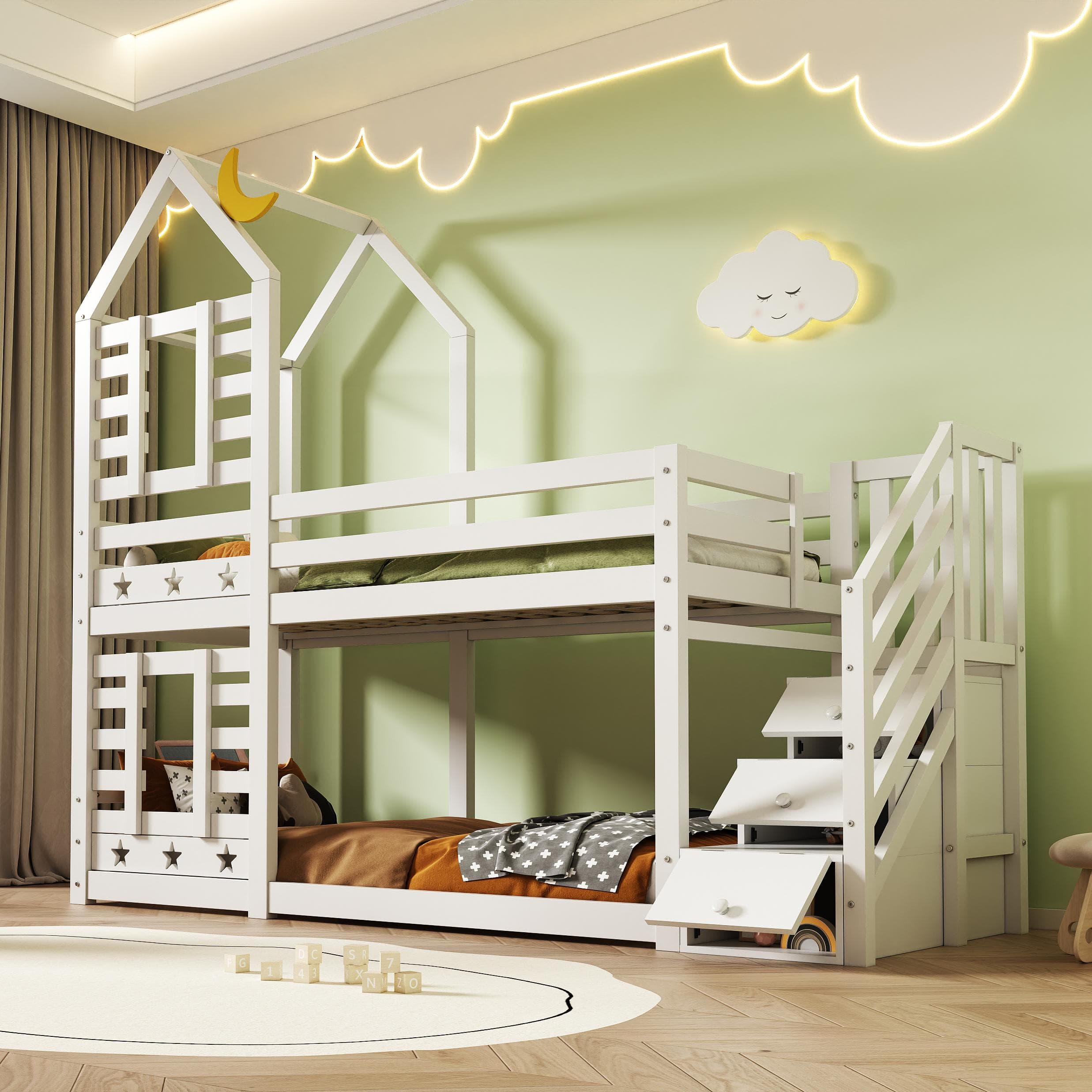 Cabin-Style Bunk Bed with Staircase Storage and Under-Bed Drawers, Stylish Bed Frame for Child's Room, 235L x 97W x 217H cm, White | Aosom UK