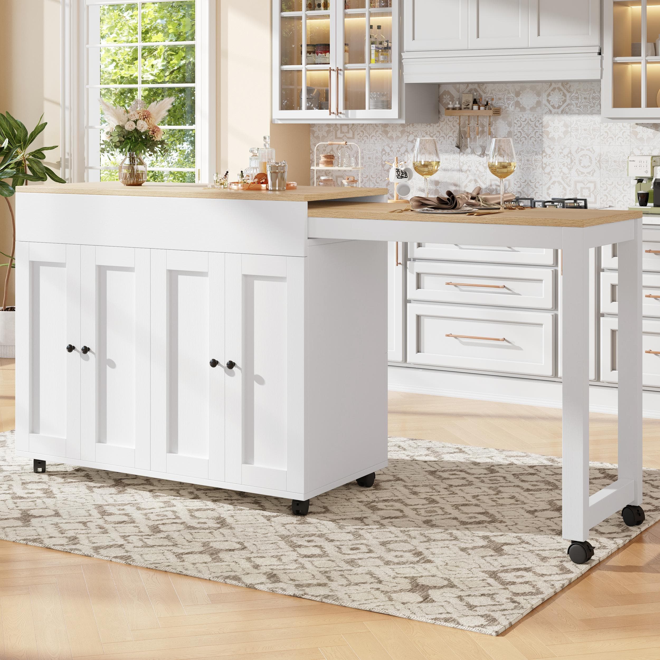 Modern Bar Table with 6 Adjustable Shelves and Storage Cabinet, Extendable Dining Table for 4–6 People, 118-180L x 50W x 94H cm, White | Aosom UK