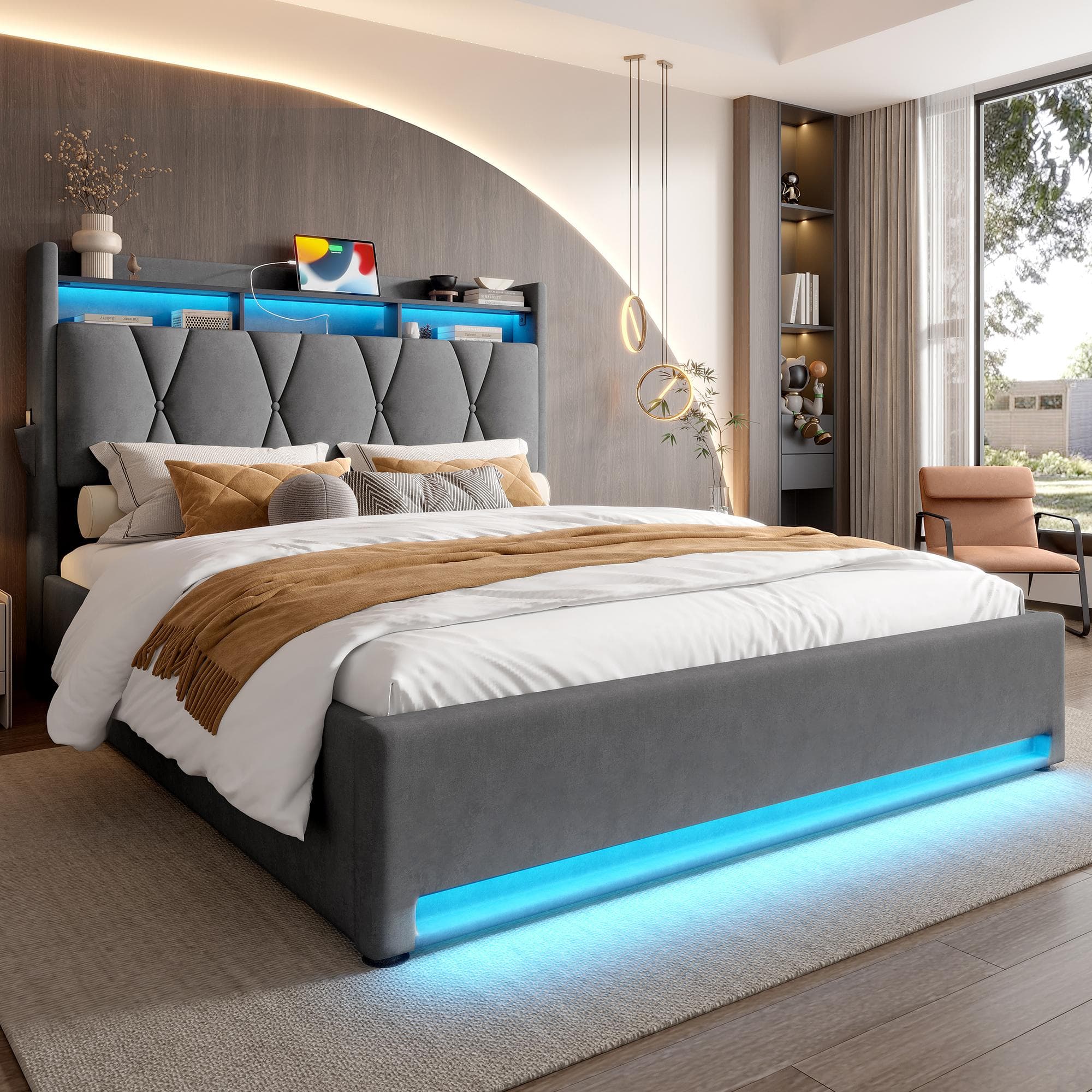 Hydraulic Storage Bed Frame with LED Lighting and USB Type-C Charging, Stylish Bed with Open Shelf, 158L x 221W x 116.5H cm, Dark Gray | Aosom UK