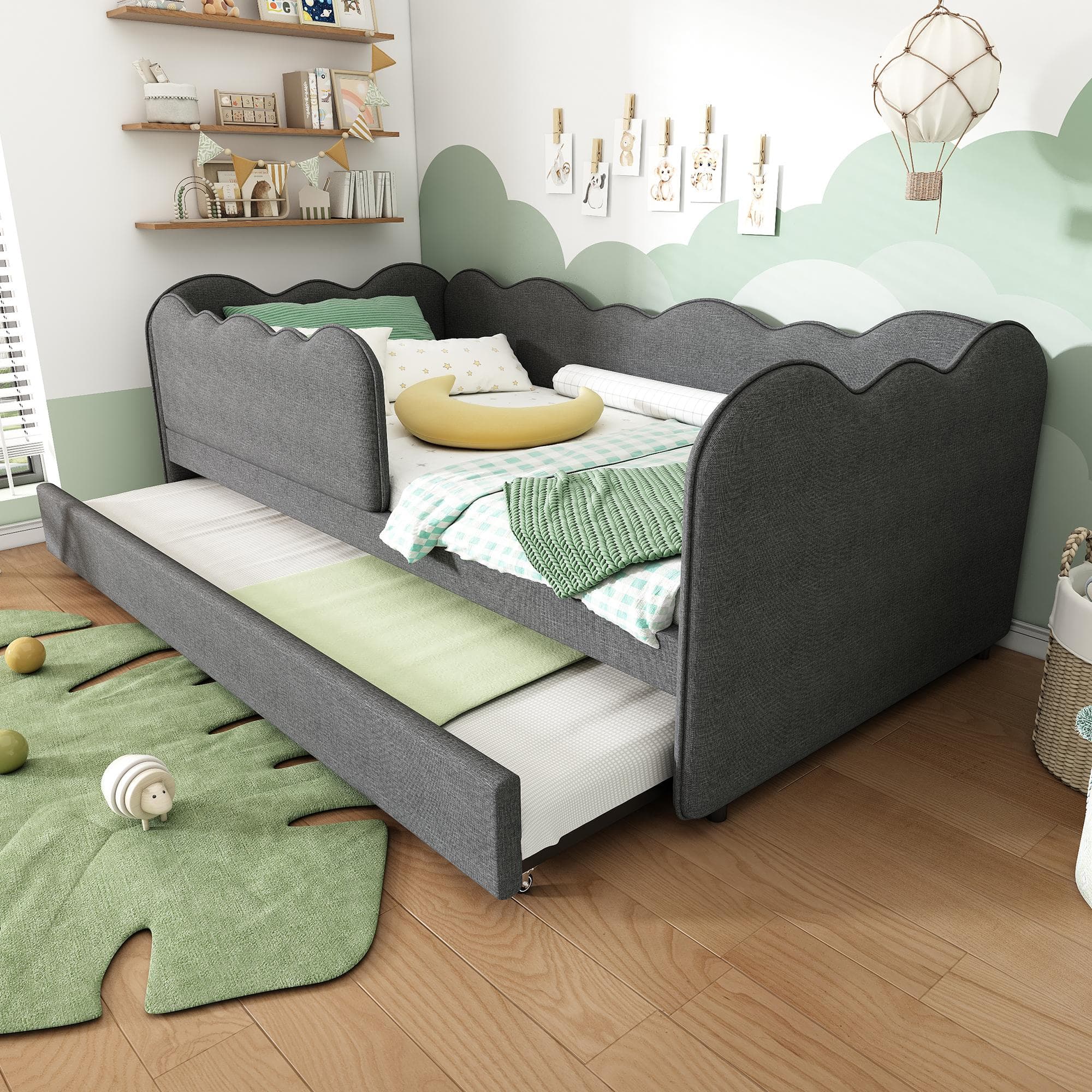Upholstered Daybed with Pull-Out Trundle & Removable Front Rail, Space-Saving Sofa Bed for Compact Flats, 197L x 99W x 70H cm, Grey | Aosom UK
