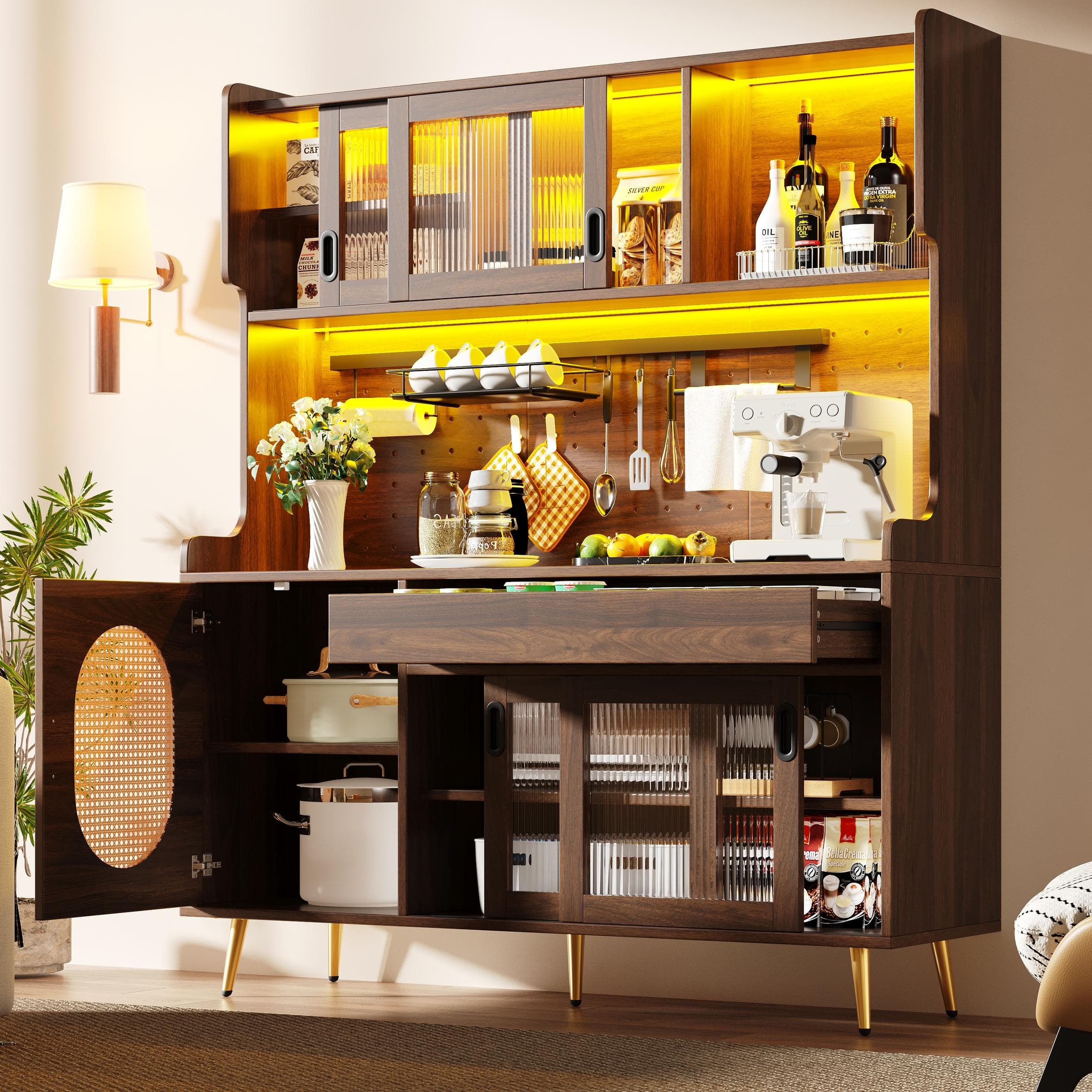 Country Style Sideboard with App-Controlled LED Light Strip, Sturdy Cabinet for Living & Dining Area, 145L x 39W x 171H cm, Brown | Aosom UK