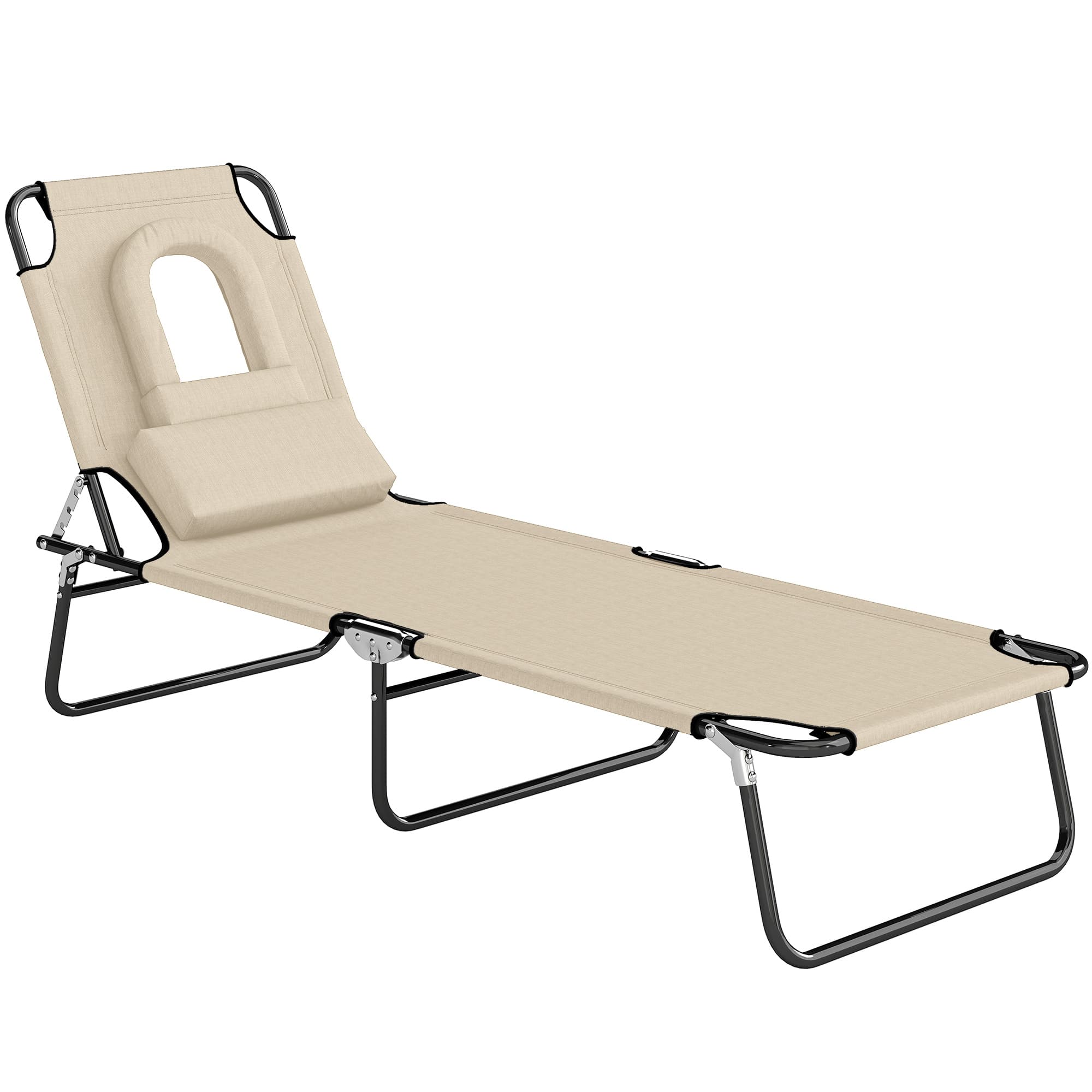 Outsunny Folding Sun Lounger with Pillow & Reading Hole, Adjustable Reclining Chair for Garden Beach, Beige