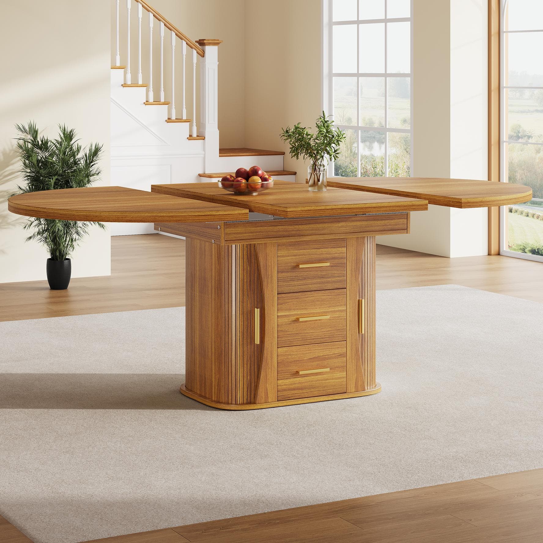Extendable Dining Table with 3-Tier Hidden Storage and Sliding Rail, Round Kitchen Table for 6 People, 118-158L x 118W x 77H cm, Walnut | Aosom UK