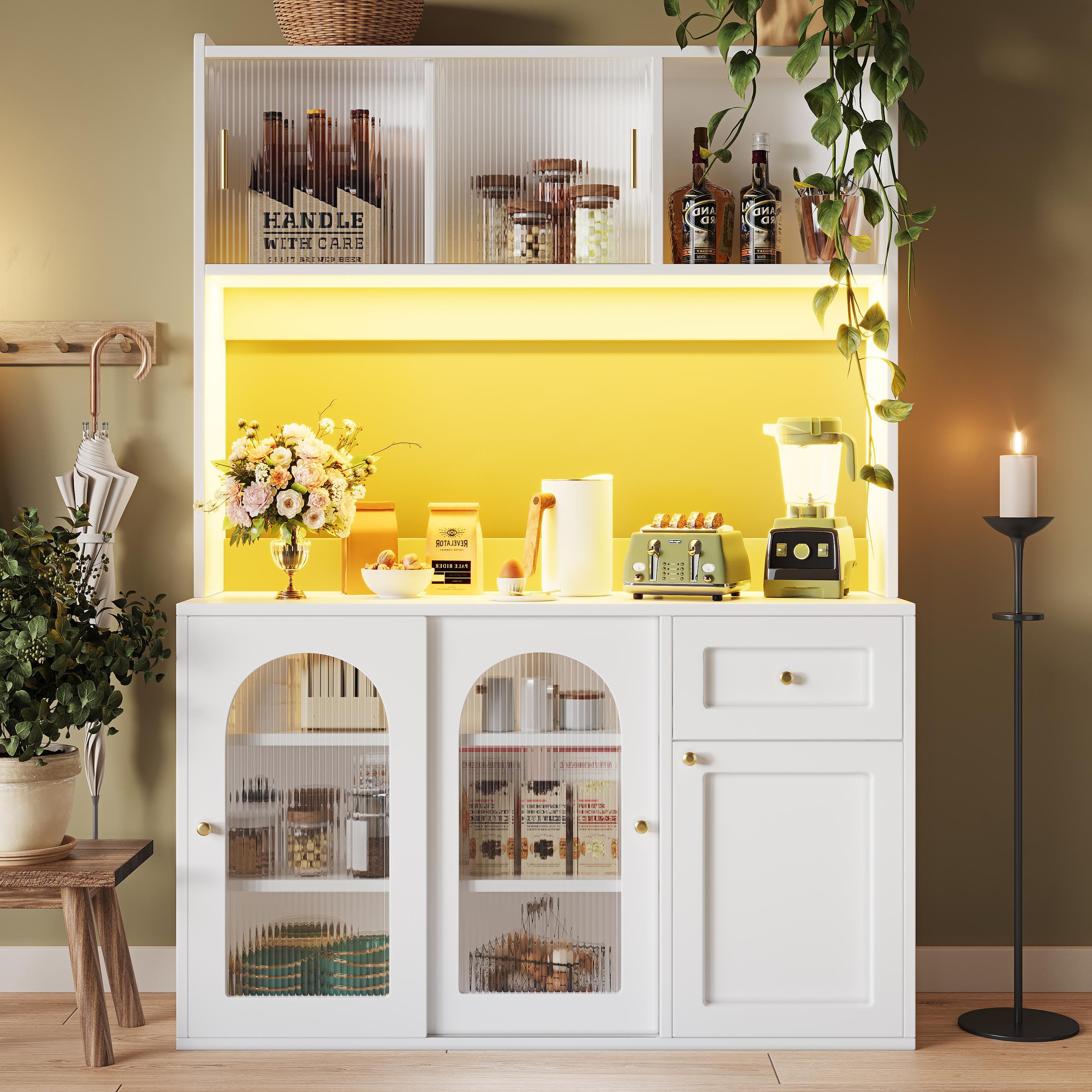 Stylish Kitchen Cabinet with App-Controlled LED and Music-Sync Lighting, Tall Buffet Sideboard for Living Area, 120L x 35W x 167H cm, White | Aosom UK